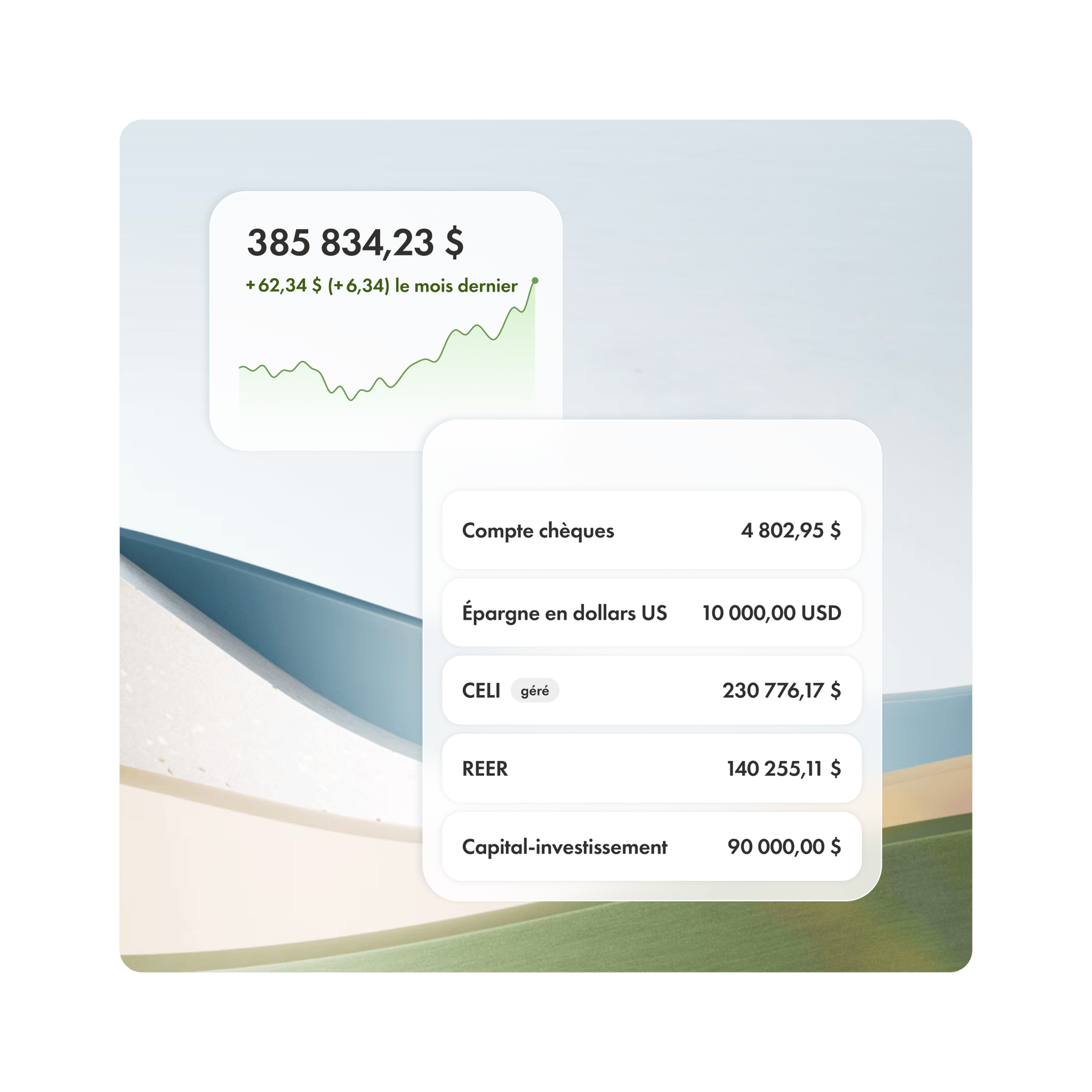 Une photo de l'aperçu des comptes dans l'appli Wealthsimple sur un fond abstrait.