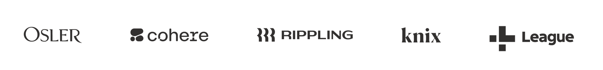 Collection of logos of clients working with Wealthsimple for Business: Osler, Cohere, Rippling, Knix, League.