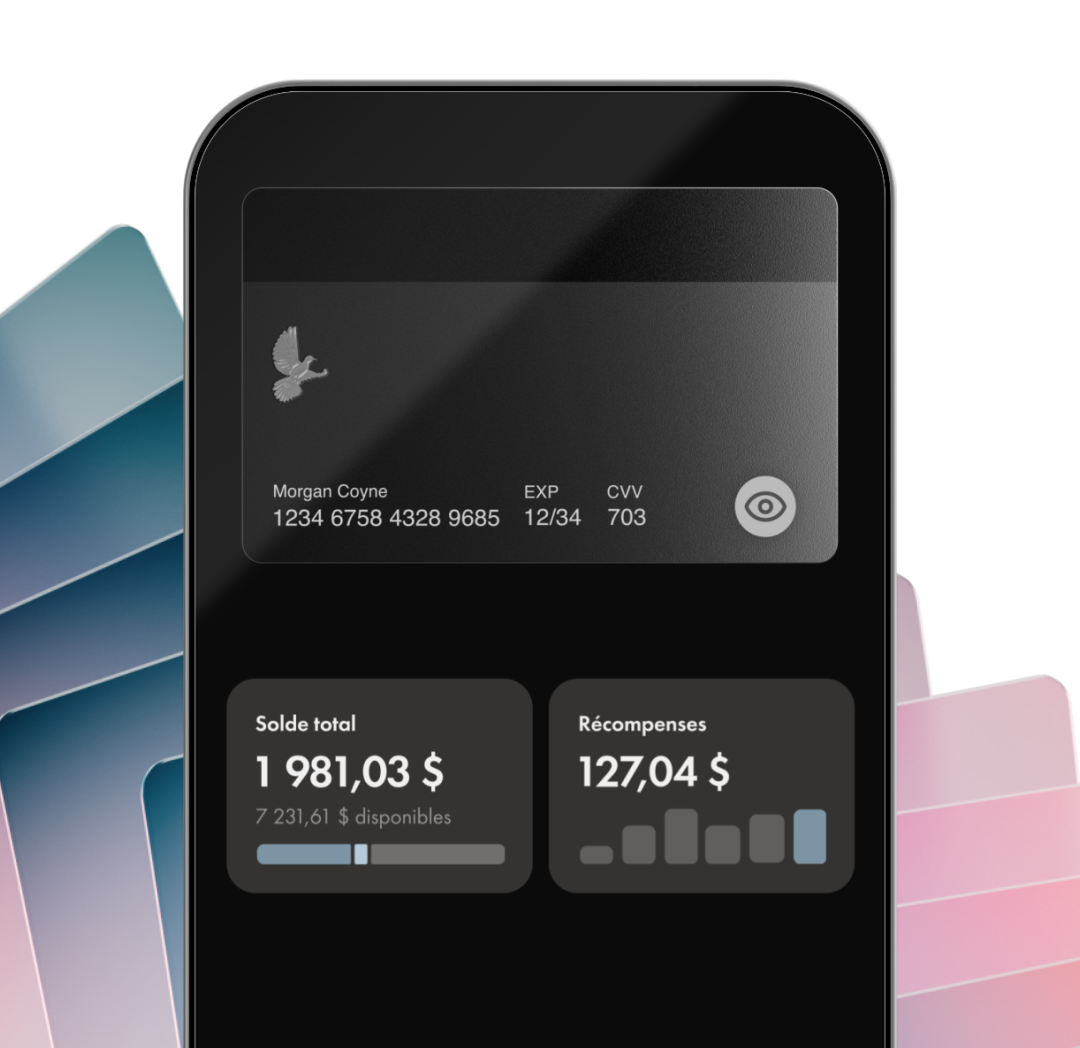 Un téléphone montrant l'option de paiement avec la carte virtuelle et comment accéder aux infos de la carte dans l'appli.