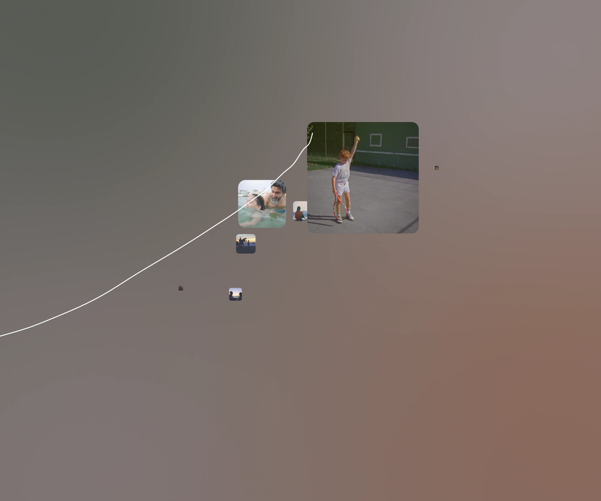 A video displaying a rising graph on top of various life events, including a boy using a tennis racket and friends swimming.