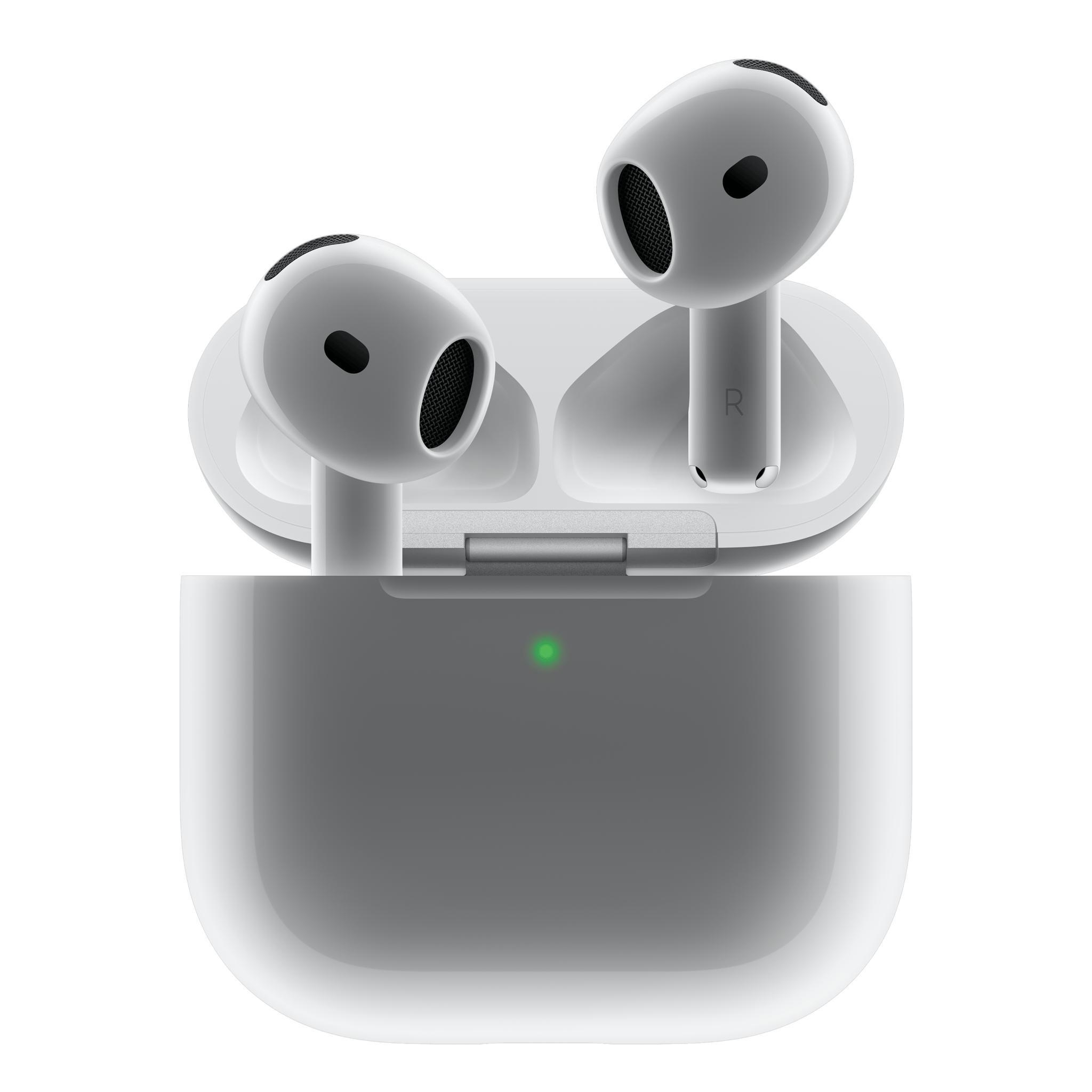 A pair of AirPods 4 with Active Noise Cancellation. They are earbuds coming out of their case.