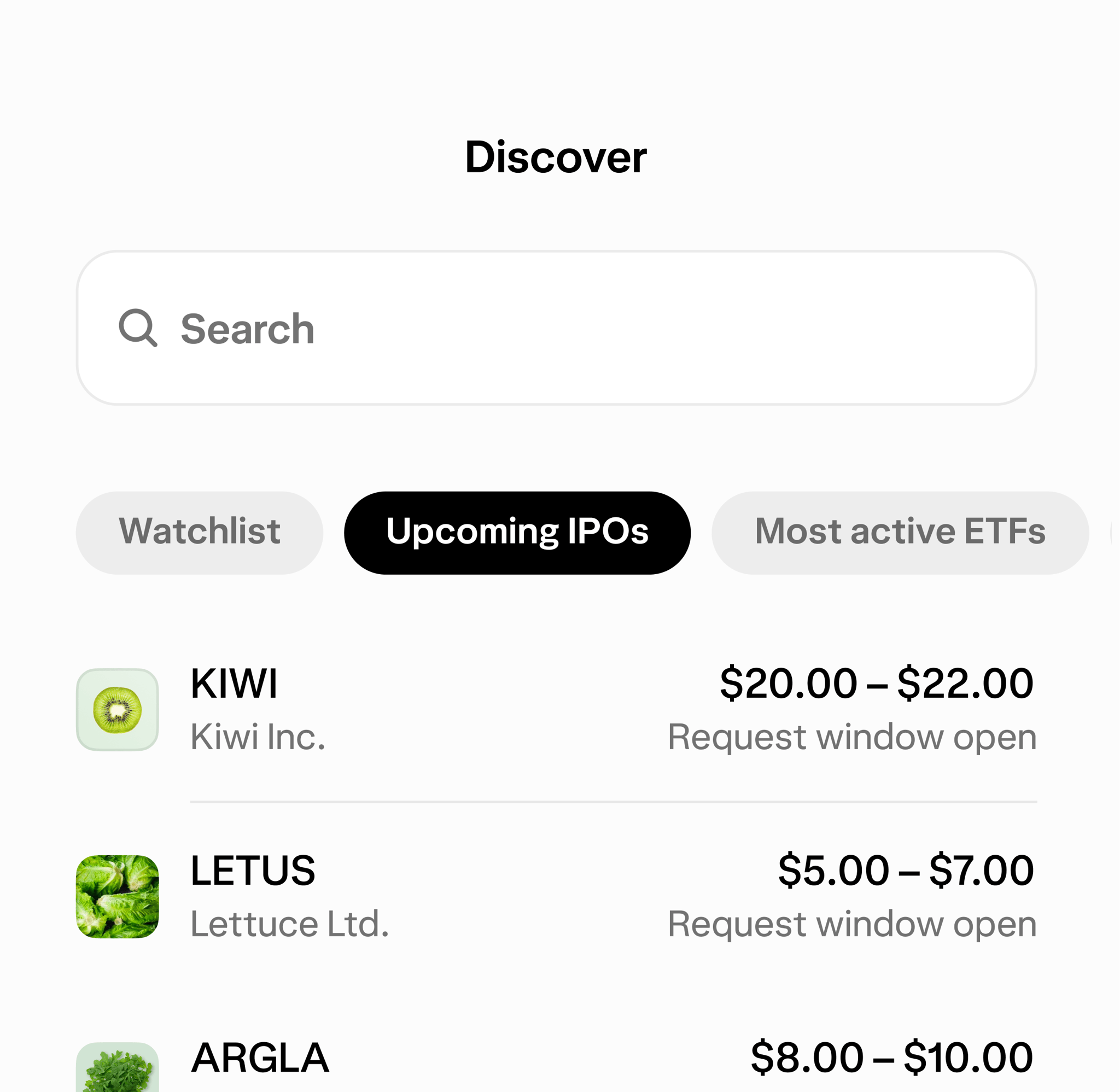 A view of the Upcoming IPOs view in Wealthsimple app displaying fictional companies, including KIWI, LETUS, ARGLA, and more.