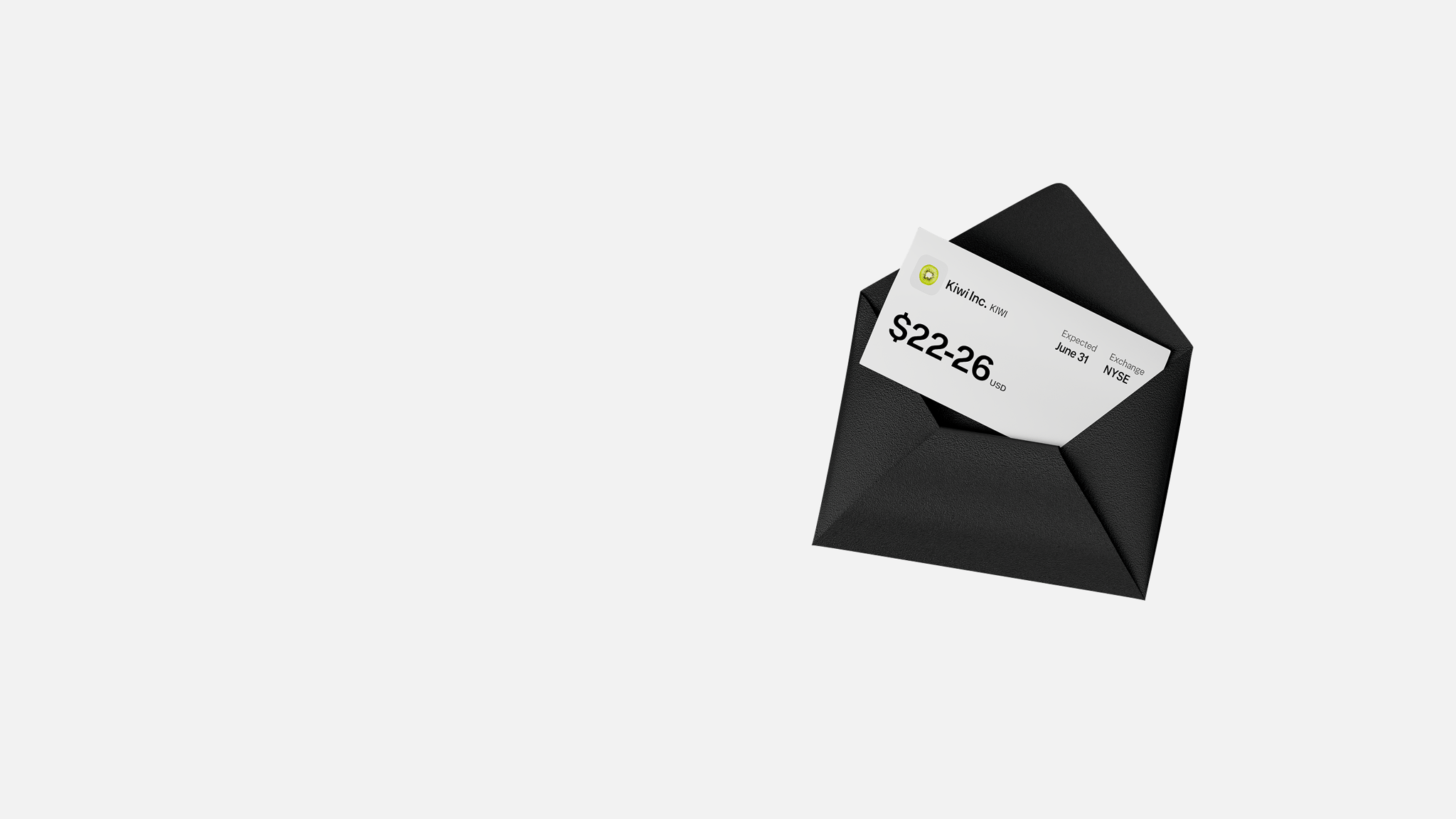 An envelope displaying a share of Kiwi Inc, valued at $22-26 USD.