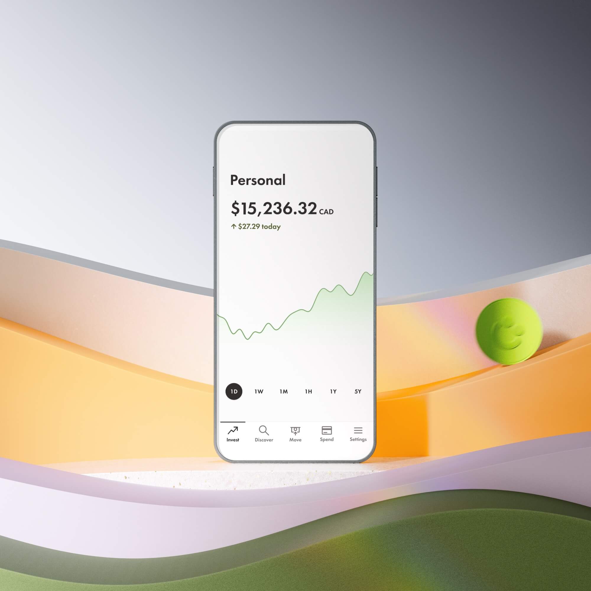 Phone displaying a Wealthsimple Stocks & ETFs portfolio, placed on a platform with coins rolling around it