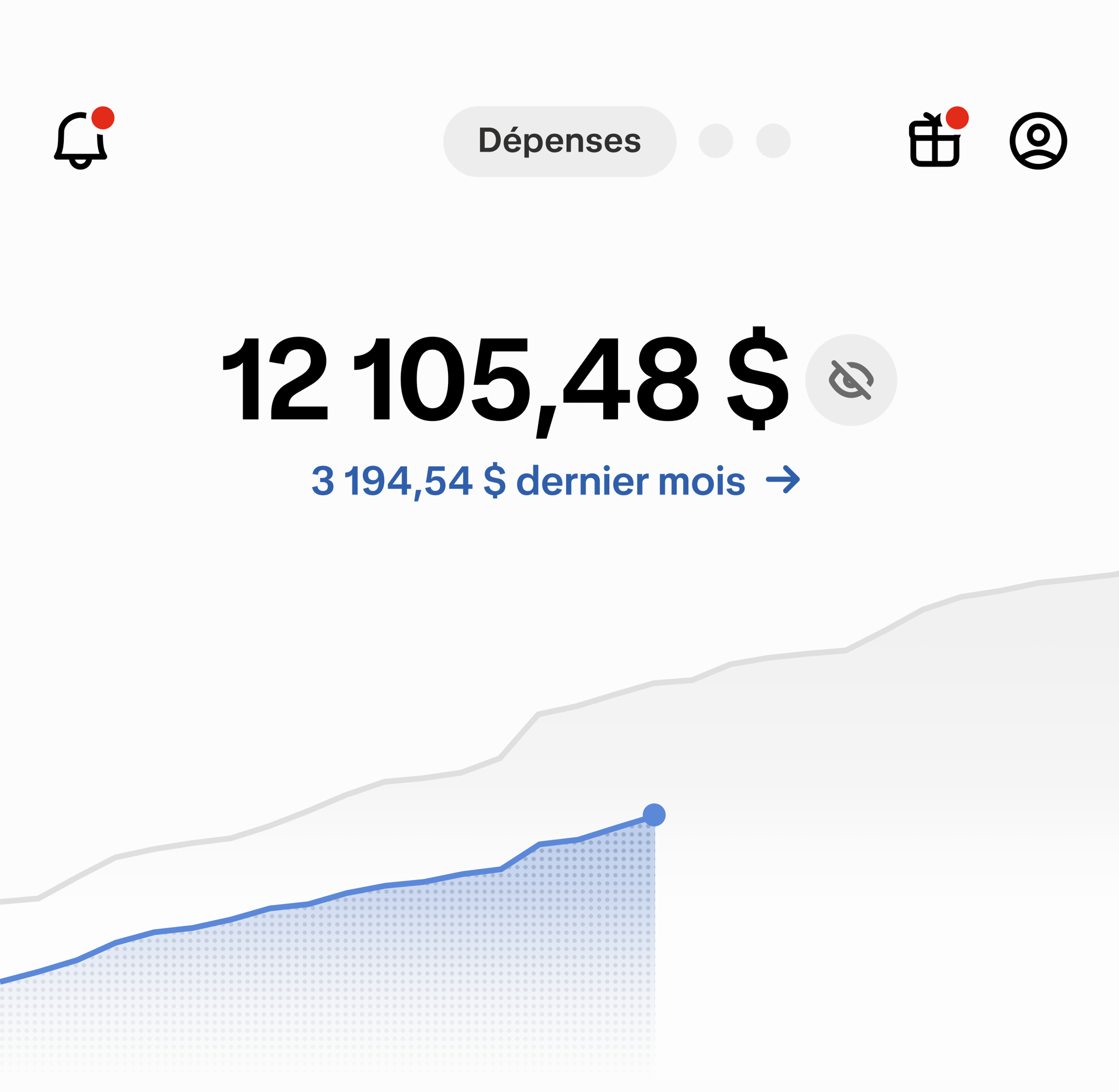 Un écran qui présente l'onglet Dépenses de l'appli Wealthsimple. On y voit un tableau qui détaille les dépenses mensuelles, une carte Wealthsimple et des boutons pour ajouter et transférer des fonds, lancer des transferts, faire des virements électroniques et payer des factures.