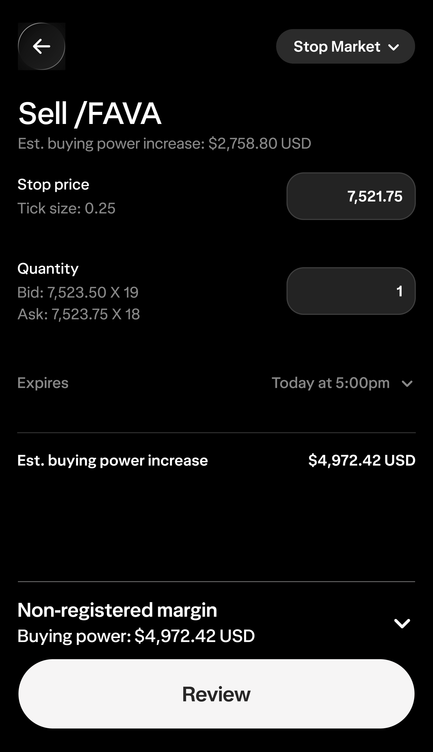 A contract detail page in the Wealthsimple app that clearly lays out the bid and ask spread, number of contracts, and buying power number.
