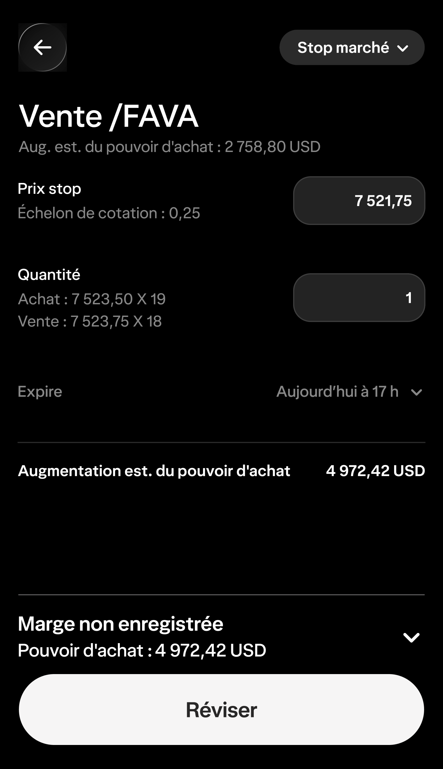 Un écran de détails de contrat dans l'application Wealthsimple indique clairement l'écart entre prix d'achat et de vente, le nombre de contrats et le pouvoir d'achat.