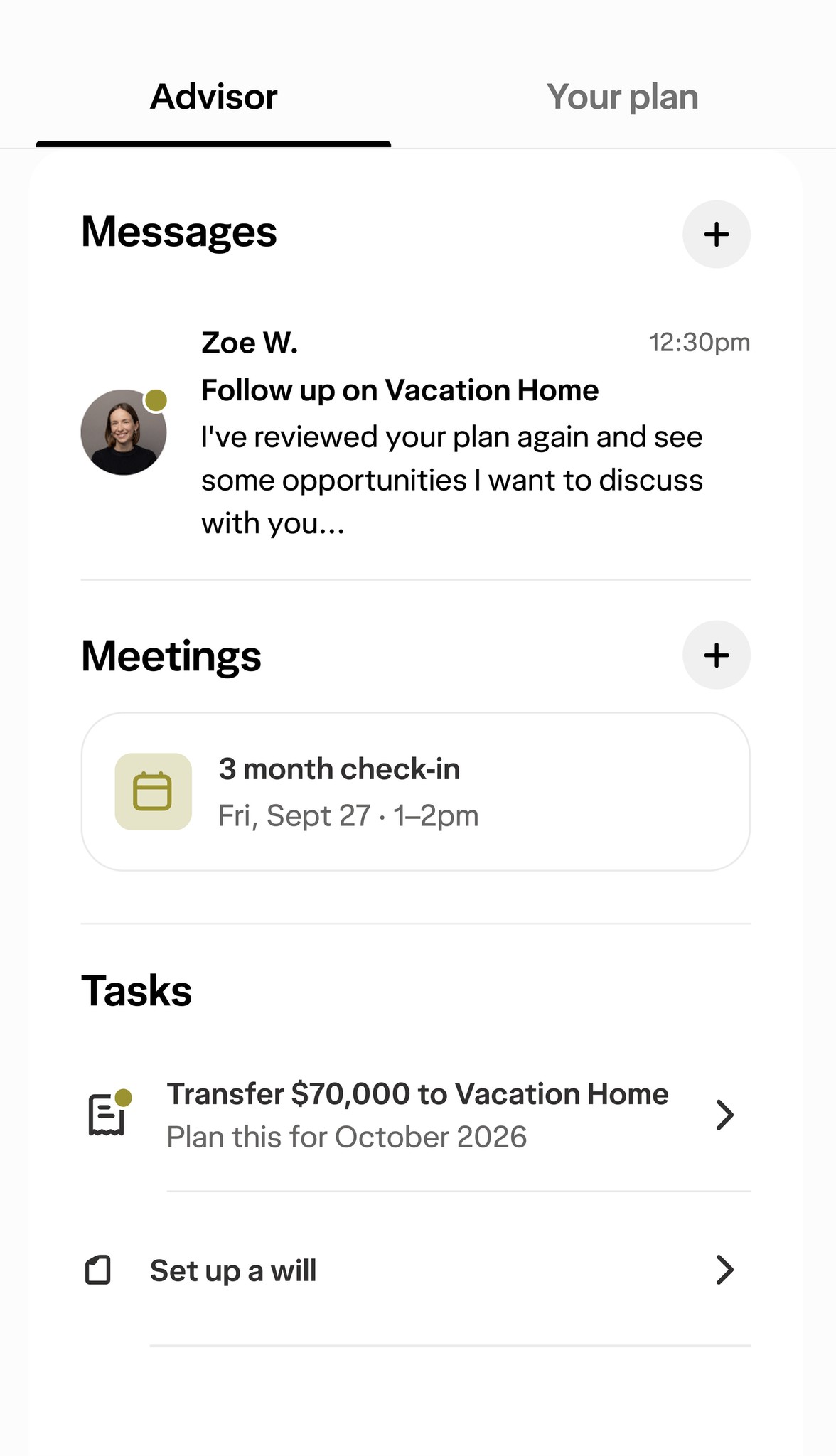 Advisor hub screen showing upcoming meetings, messages, and tasks.