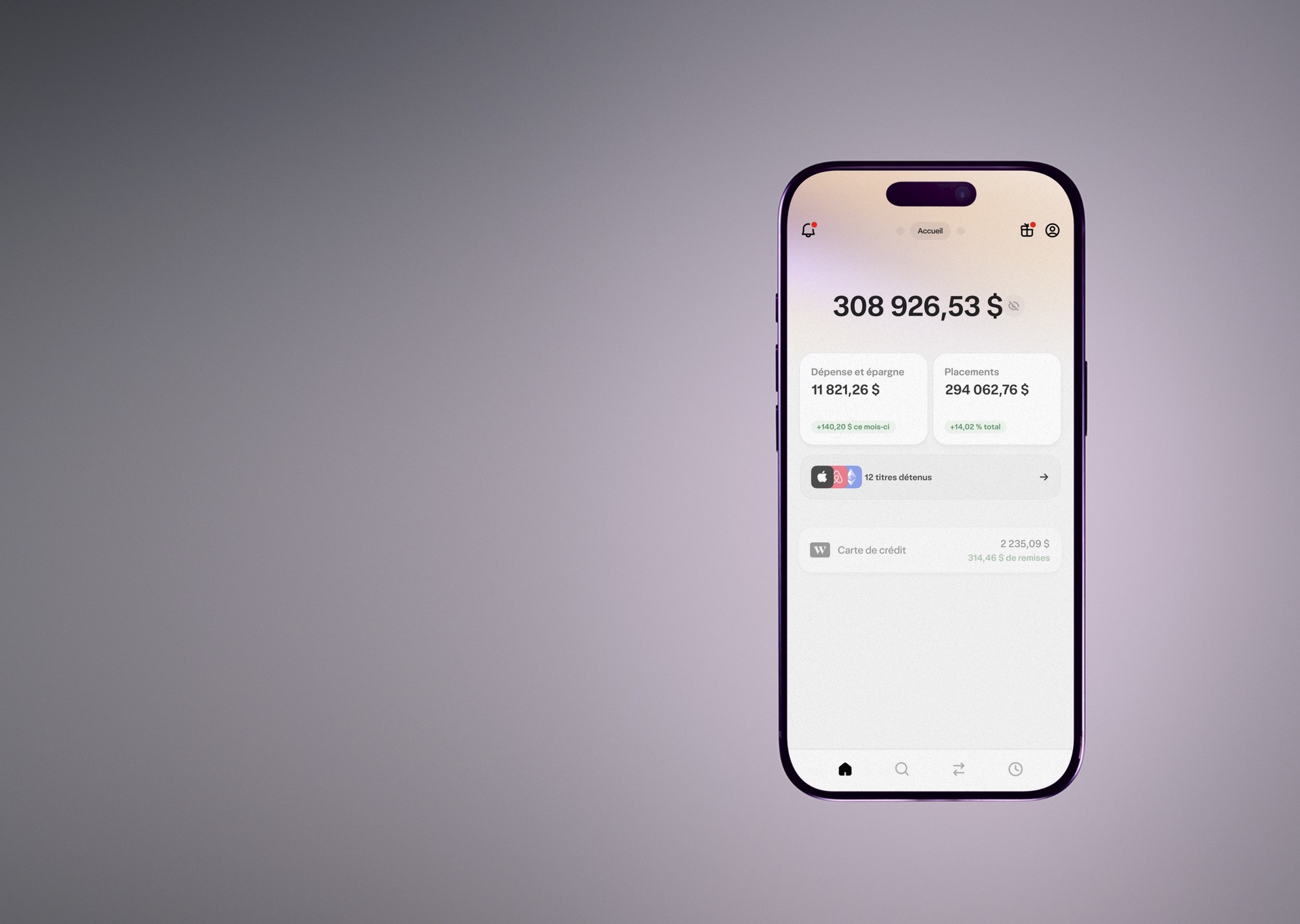 Un téléphone affiche l'expérience utilisateur de l'appli Wealthsimple et le montant d'épargne, de dépenses et de placements d'une personne.
