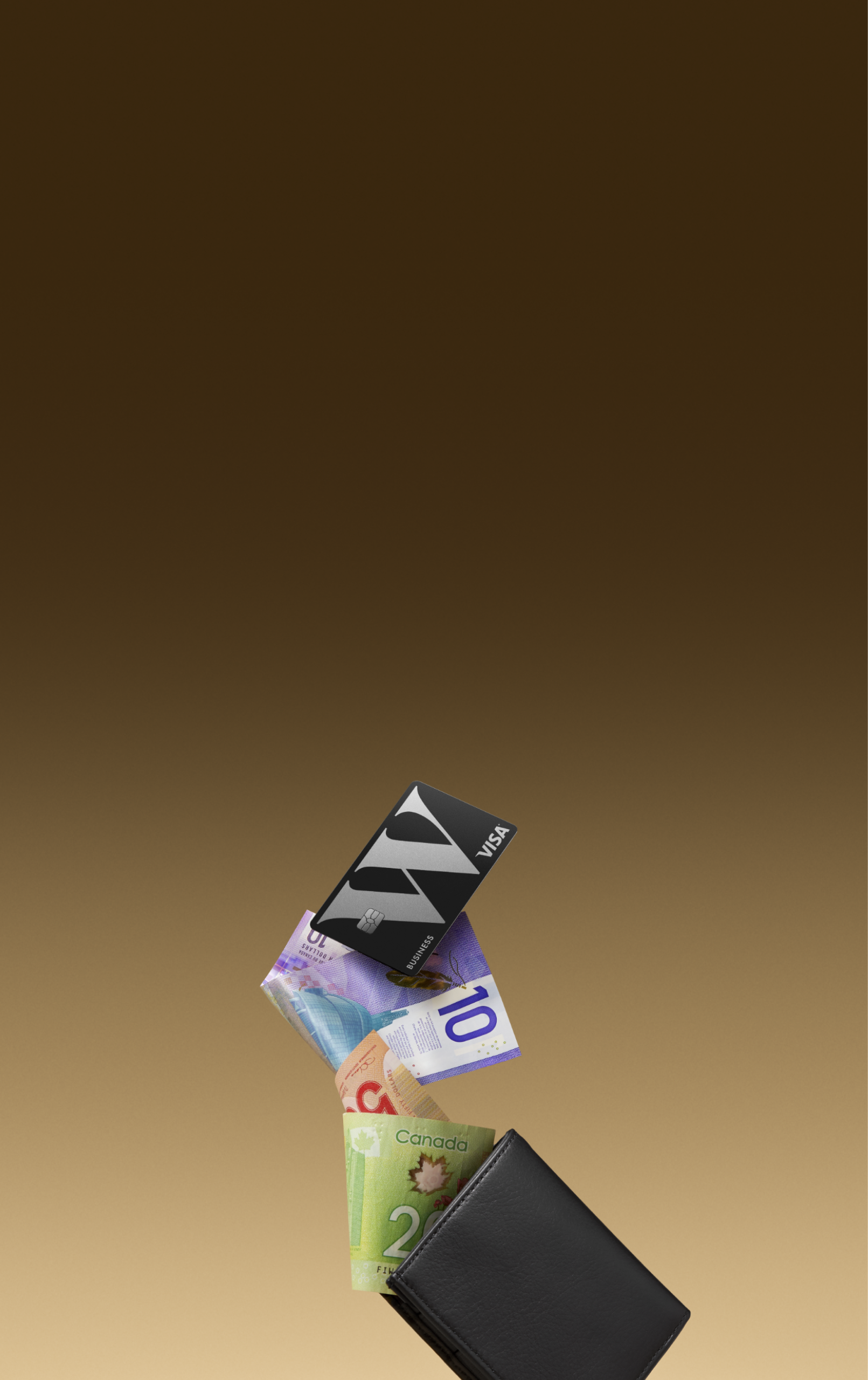 A Wealthsimple Business Visa card and various bill falling out of a wallet.