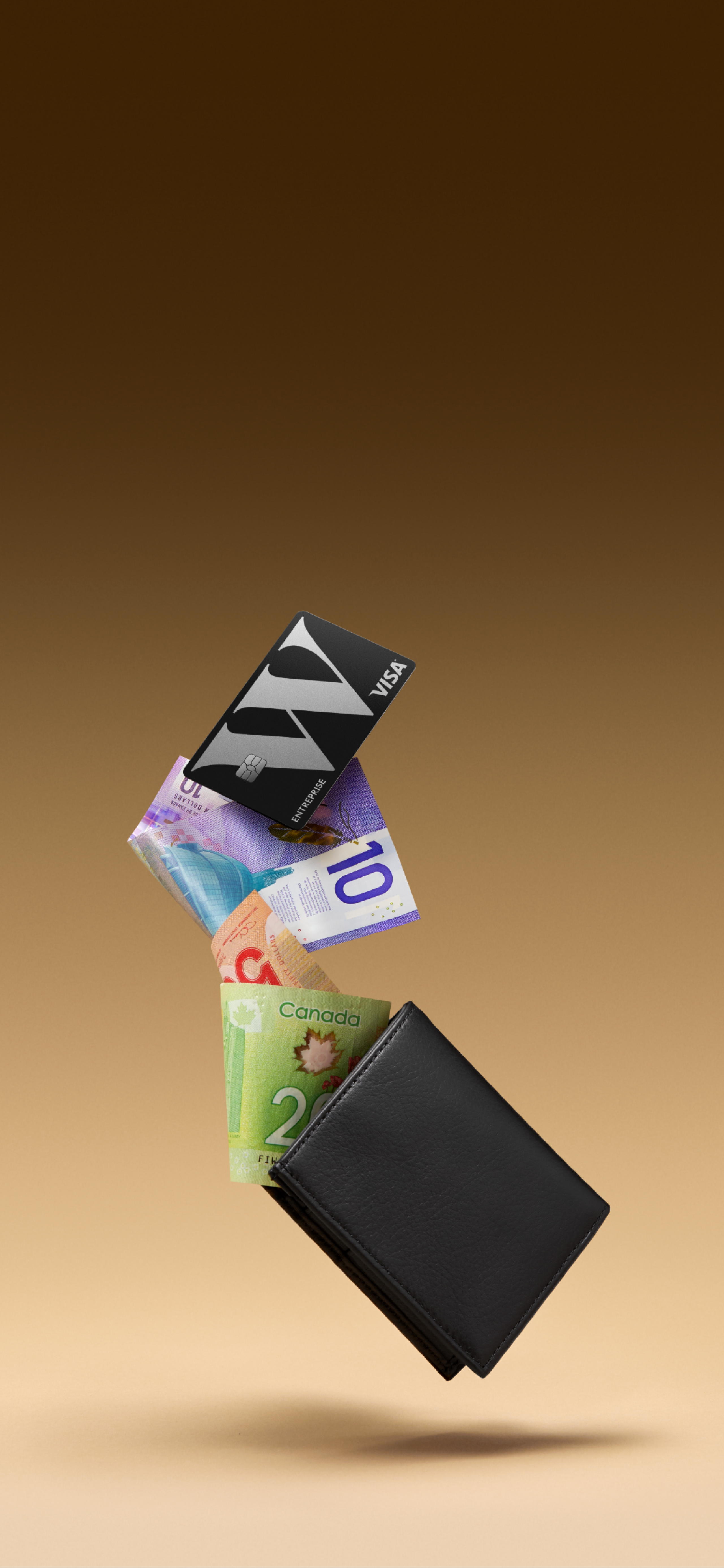 Une carte Wealthsimple Entreprises Visa et des billets d'argent qui s'envolent d'un porteuille.