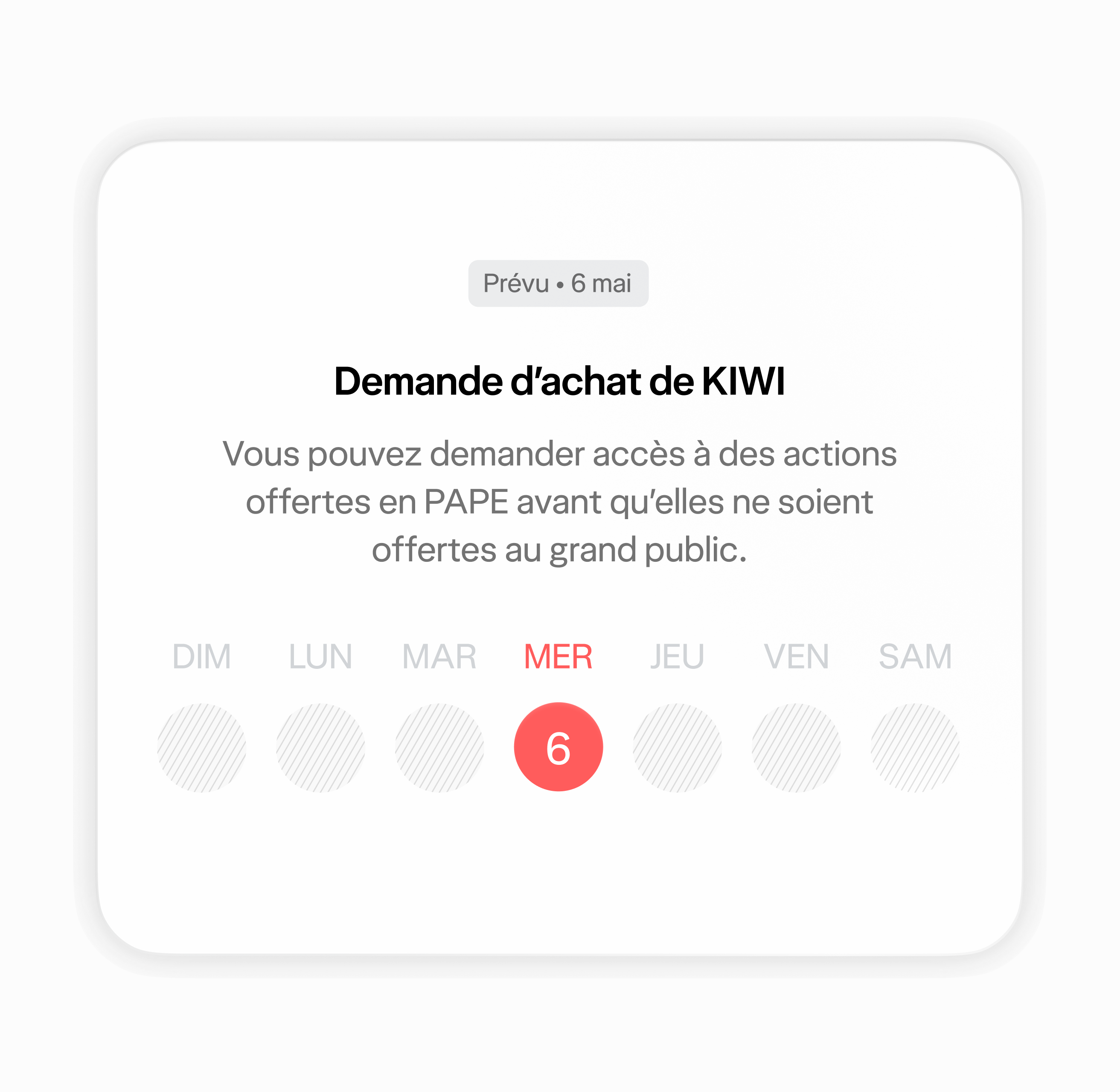 L'écran de demande d'achat sur l'application Wealthsimple affichant une demande d'achat de l'action fictive KALE.