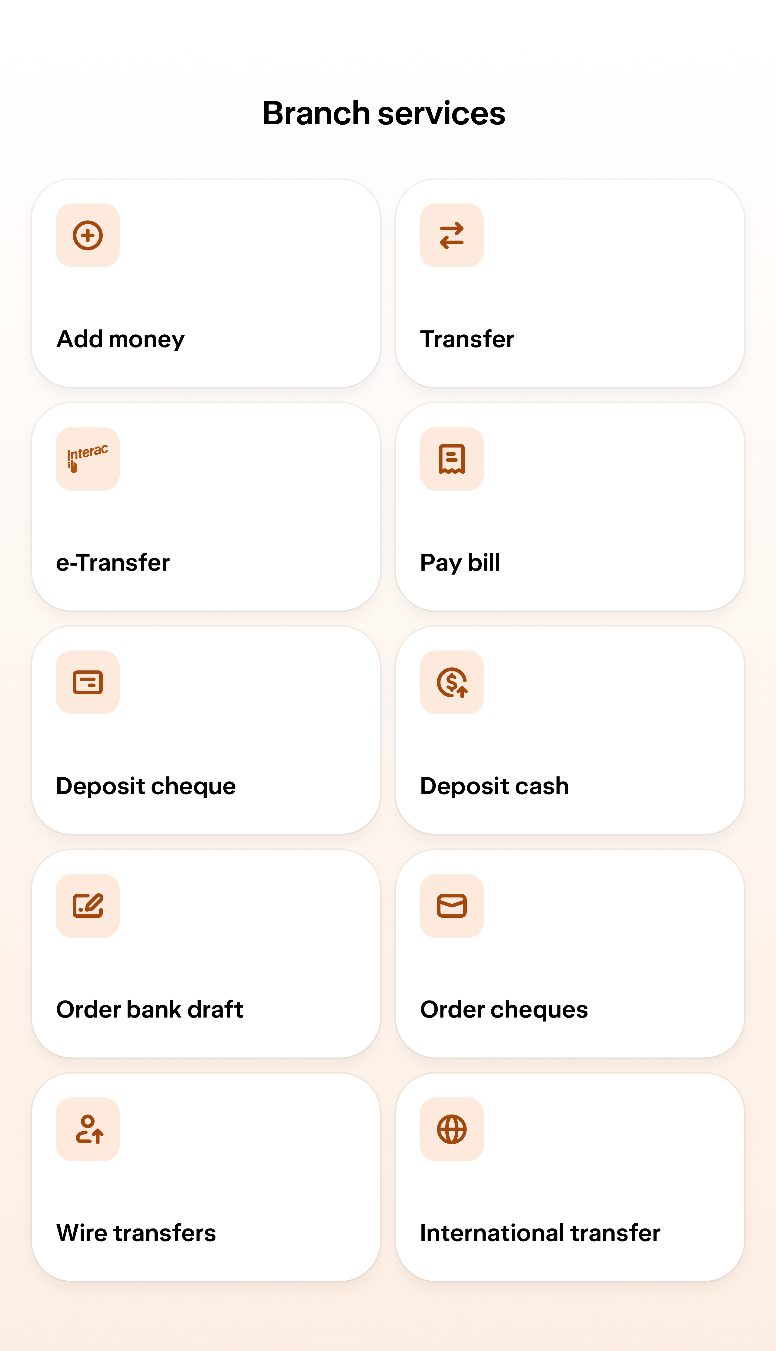 A screen displaying Branch services in Wealthsimple's app, with tiles for Add money, Transfer, e-Transfer, Pay bill, Deposit cheque, Deposit cash, Order bank draft, and Order cheques.