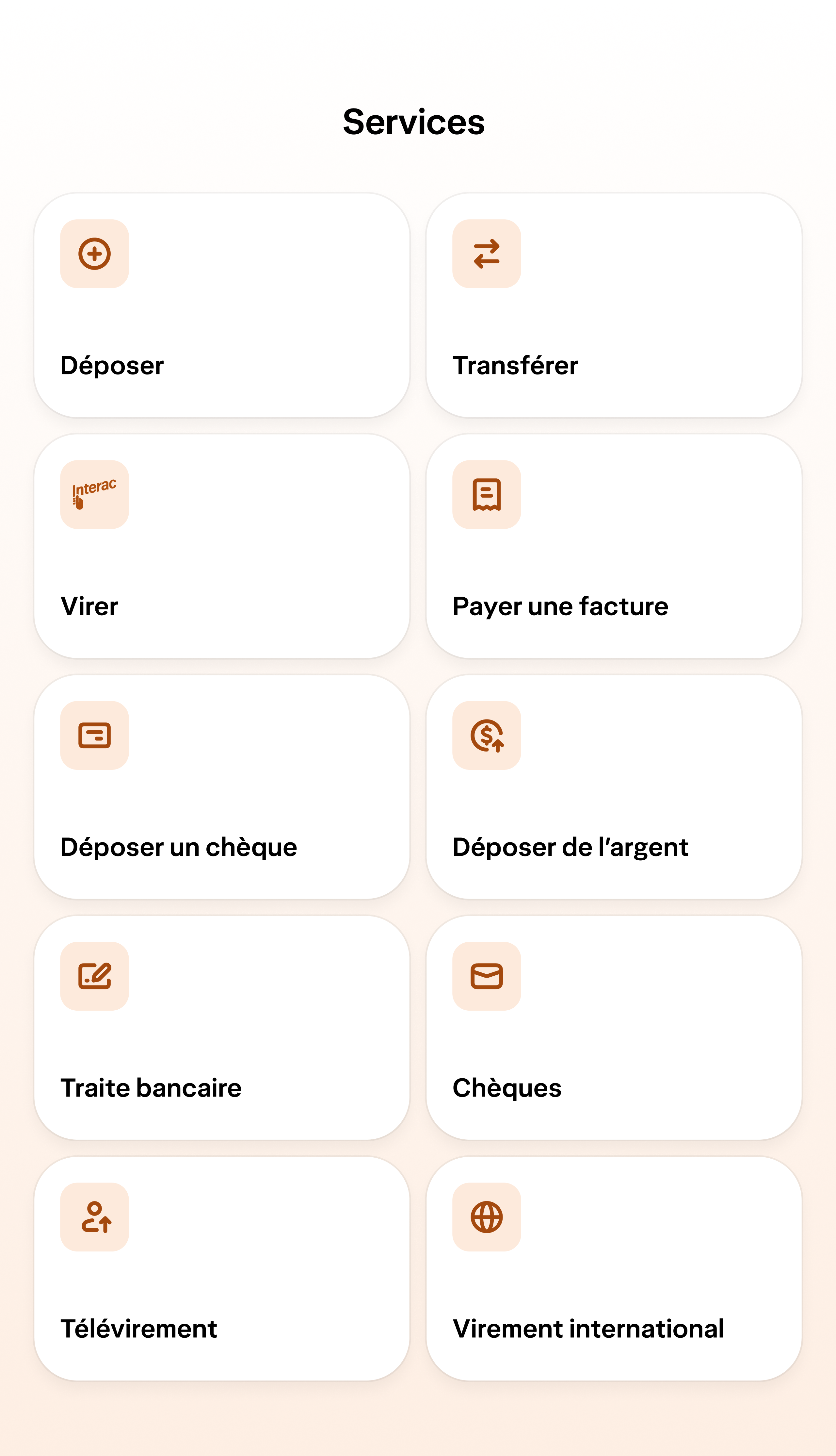 Un écran des services de succursale de l'appli Wealthsimple présentant des tuiles pour ajouter de l'argent, faire un virement, payer une facture, déposer un chèque, déposer de l'argent, commander des traites bancaires et commander des chèques.