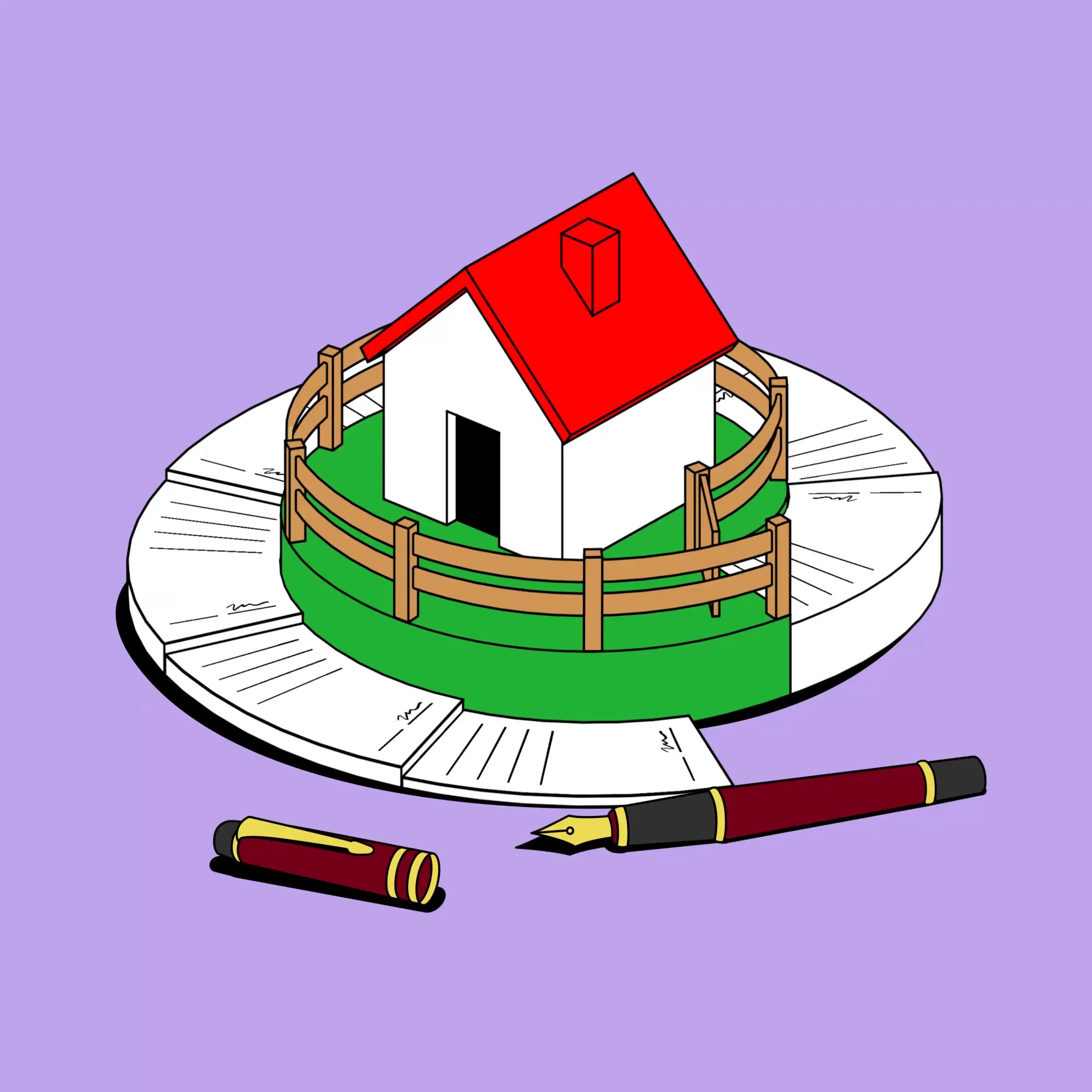 Des documents entourant une maison.