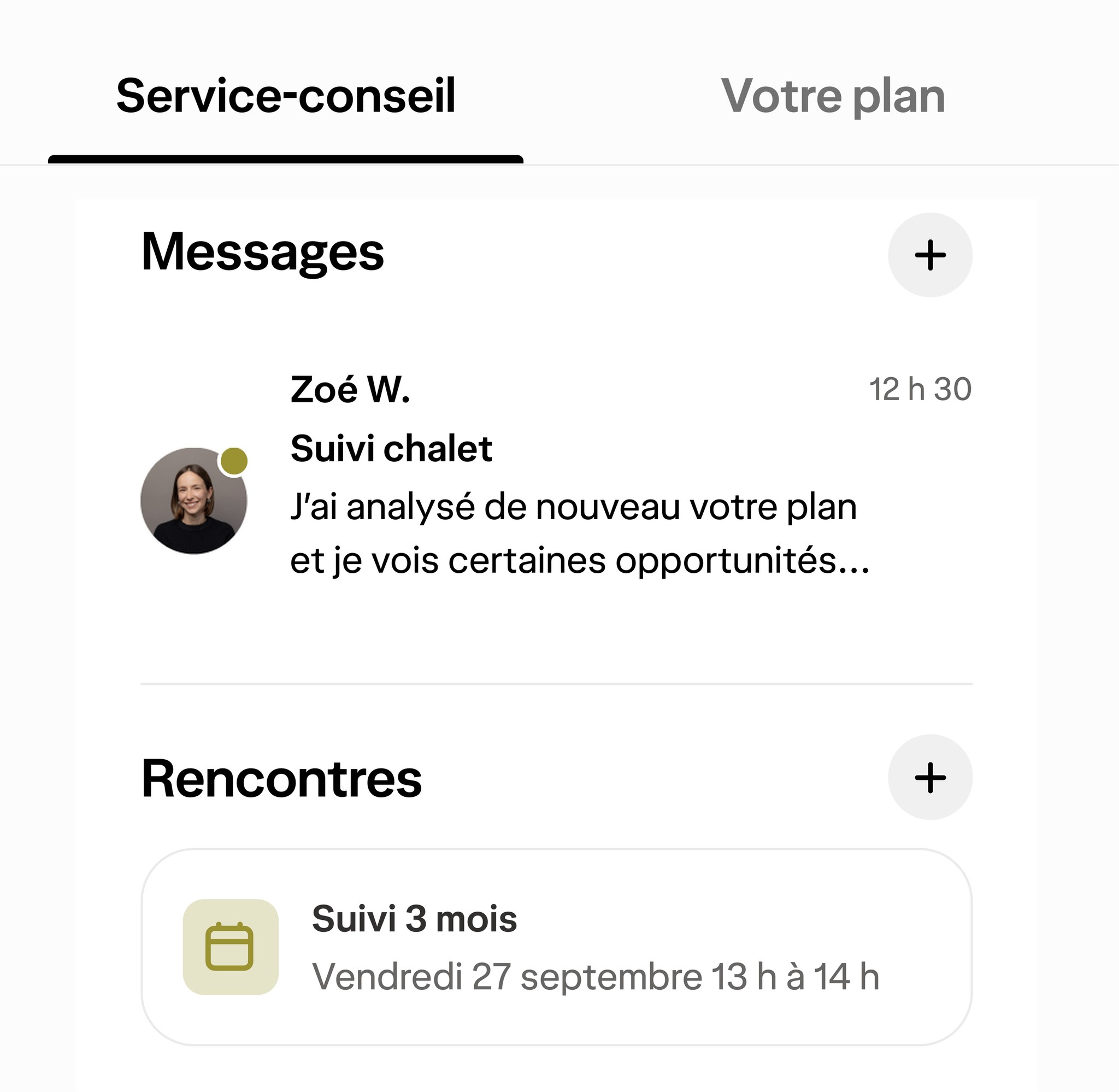 Écran de l'onglet Conseiller affichant des messages, des rendez-vous de rencontres et une liste de tâches.