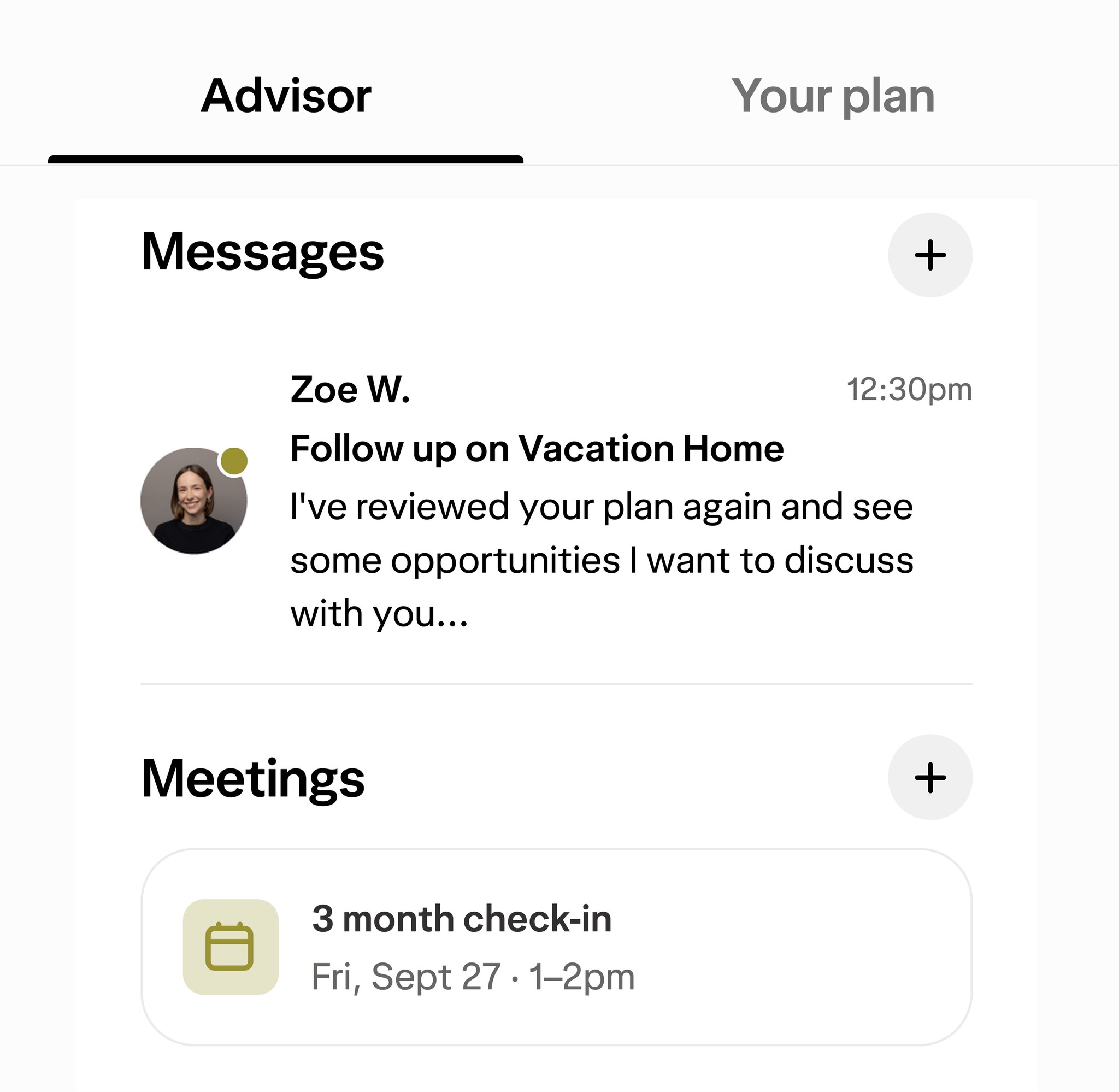 Advisor hub screen showing upcoming meetings, messages, and tasks.