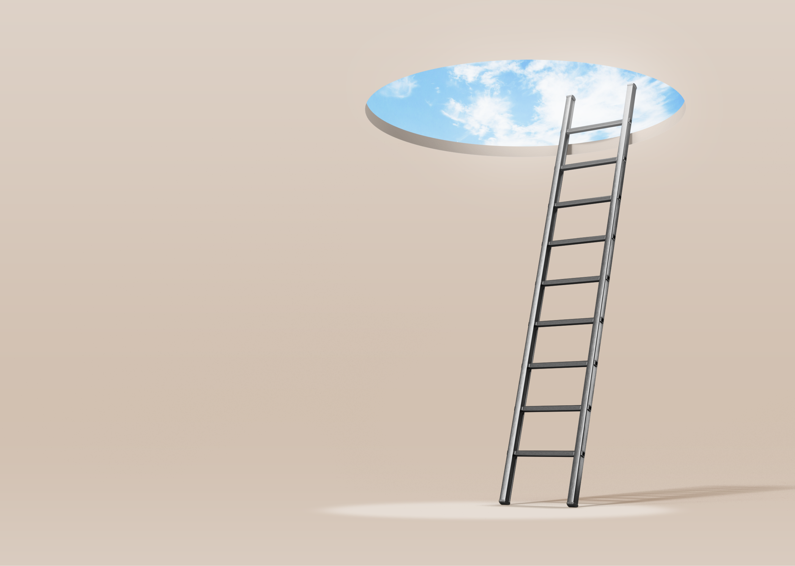 A ladder leading up to a hole in the ceiling and a blue sky.