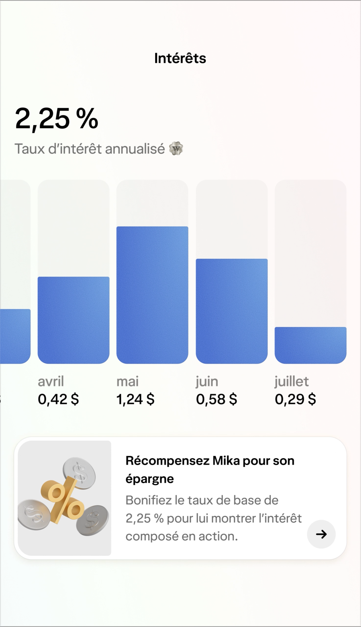 Un écran montrant un graphique à barres affichant l'intérêt gagné chaque mois dans un compte pour enfants et ados.