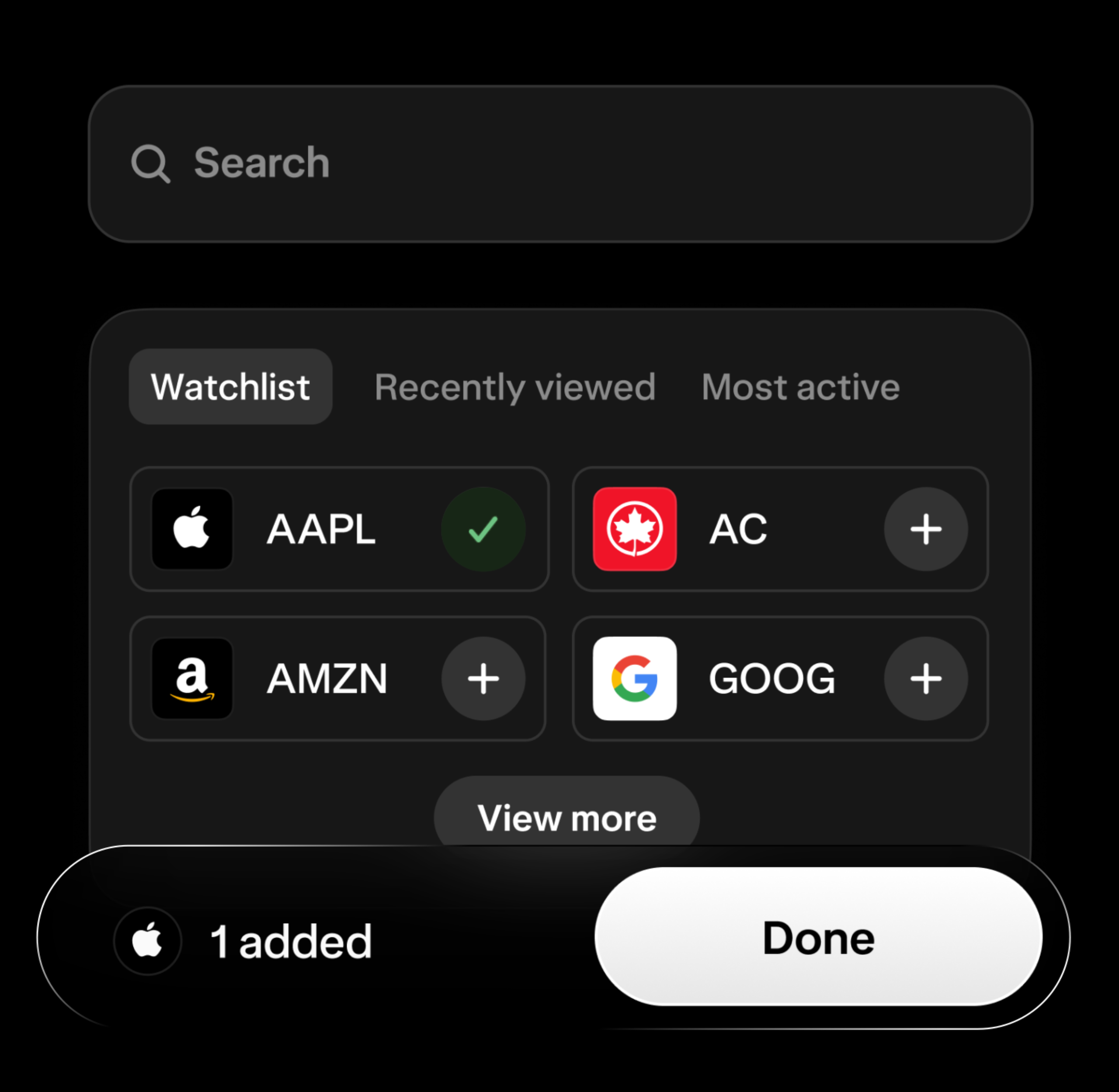 A view of a user's watchlist, along with a list of options for Direct Indexing.
