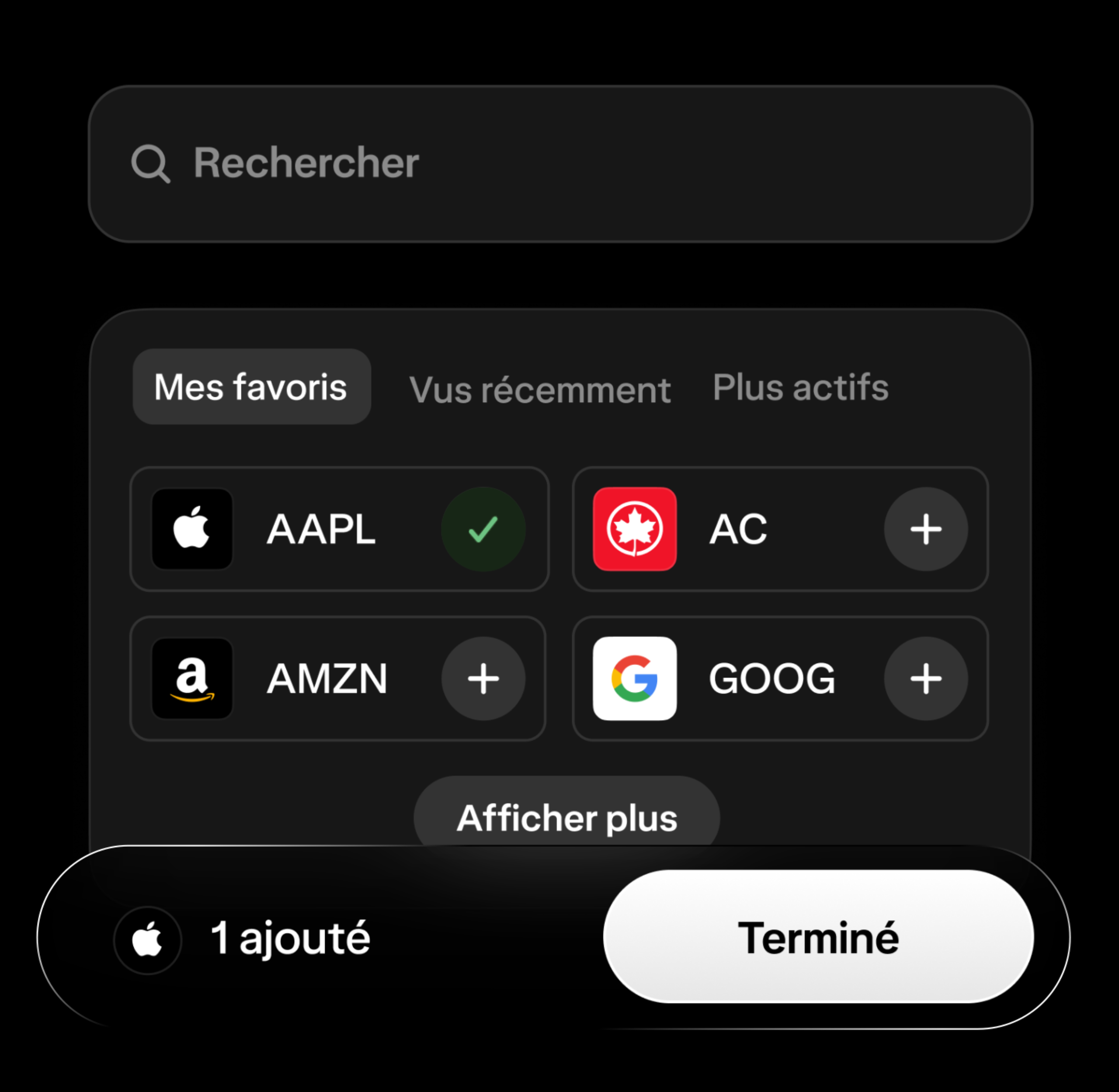 Un écran de l'appli affichant la liste de favoris de l'utilisateur et une liste d'options pour l'indexation directe.