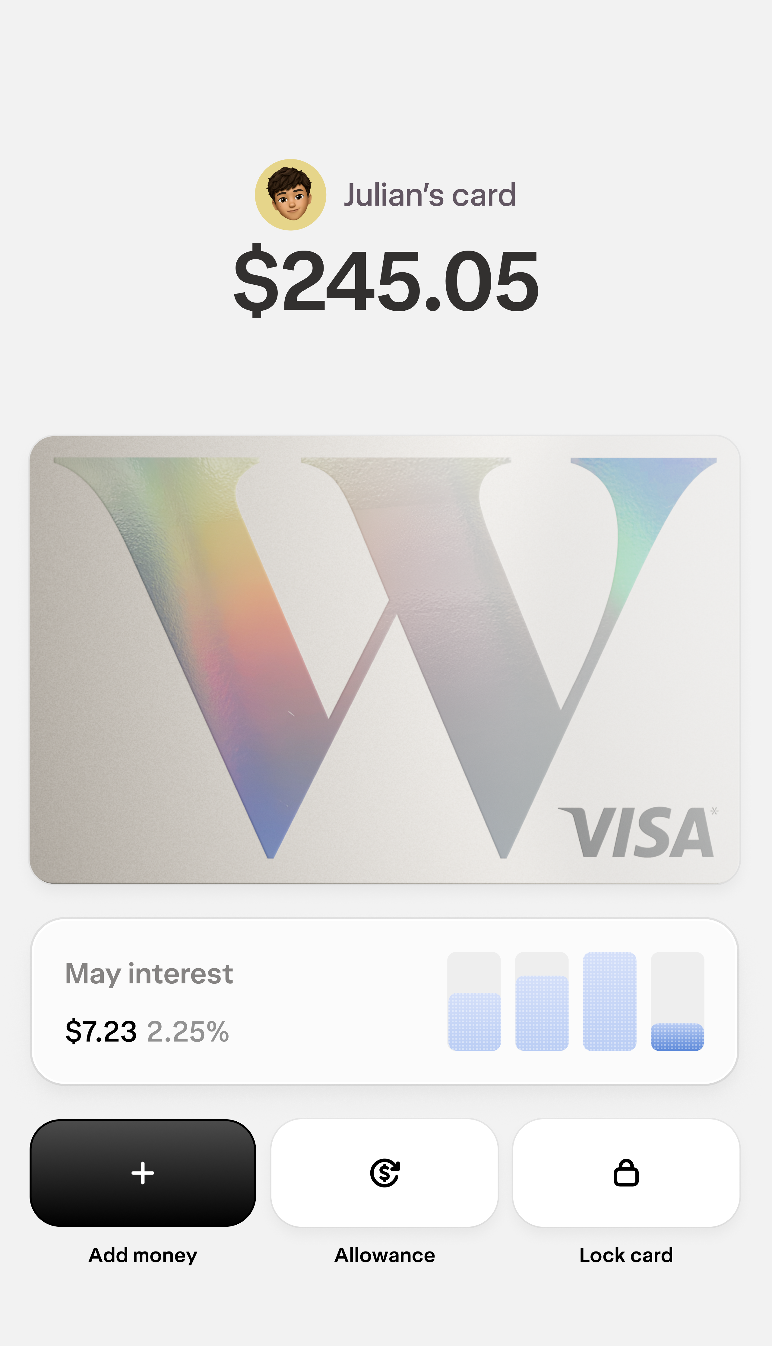 A view of a kids and teen account. A card is displayed along with interest for May, with buttons for Add money, Allowance, and Lock card.