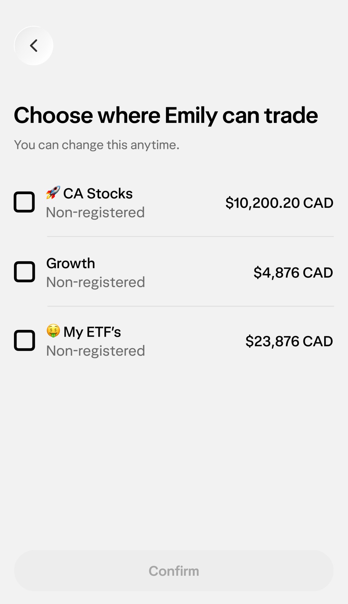 A view of authorized trading in Households, featuring the view of trading on behalf of a loved one.