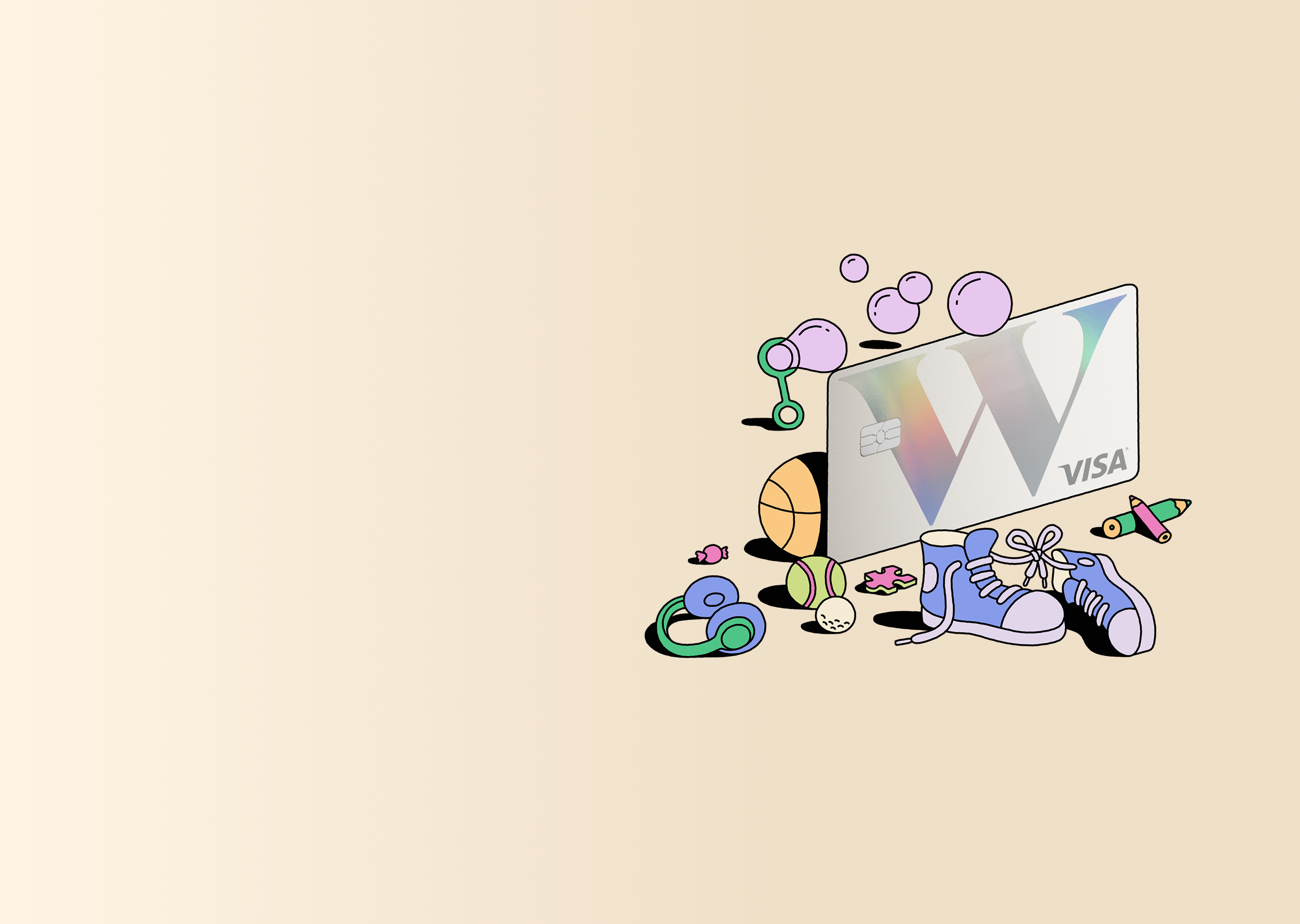 A Wealthsimple kids and teens card with illustrations of shoes, pencil crayons, balls, and bubbles