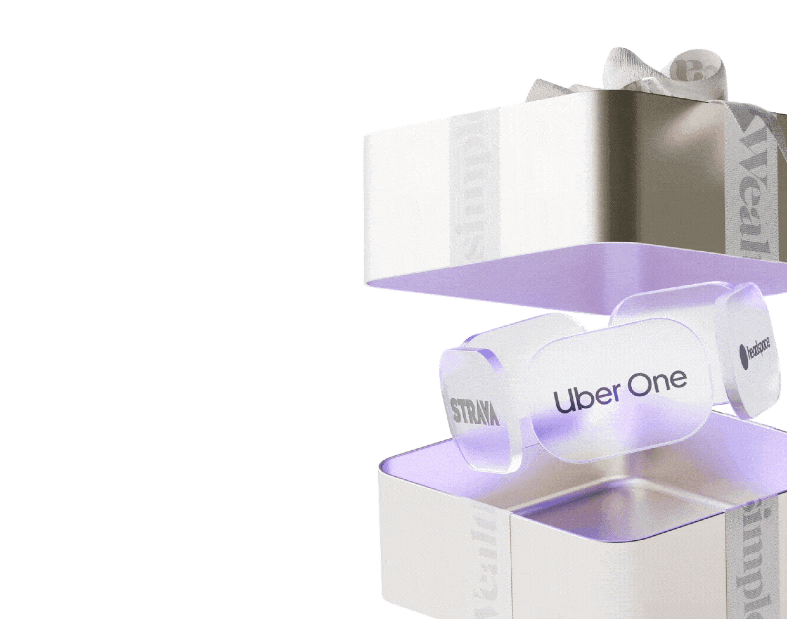 Gift box with logos inside for Uber One, Strava and Headspace.