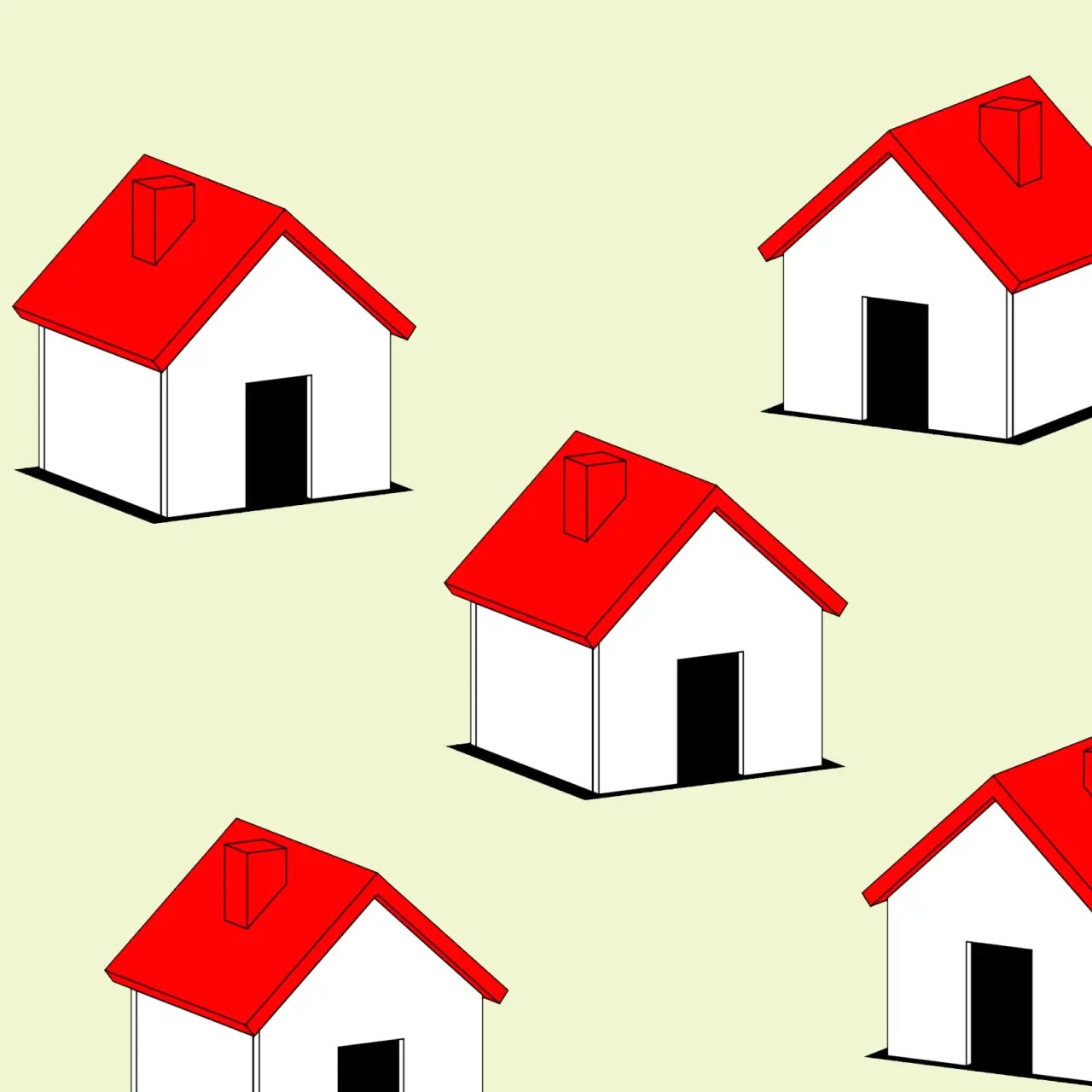 Plusieurs maisons se répètent sur un fond vert.