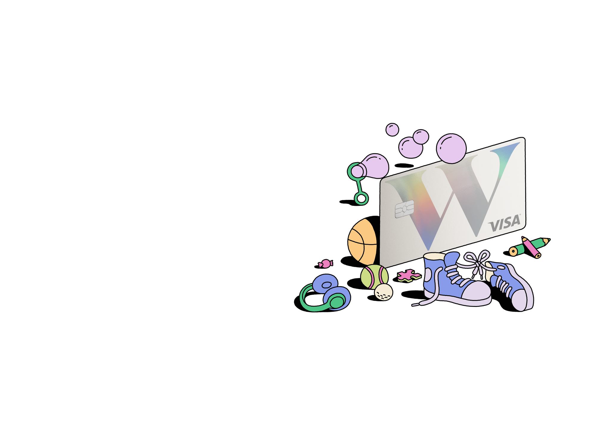 A Wealthsimple kids and teens card with illustrations of shoes, pencil crayons, balls, and bubbles