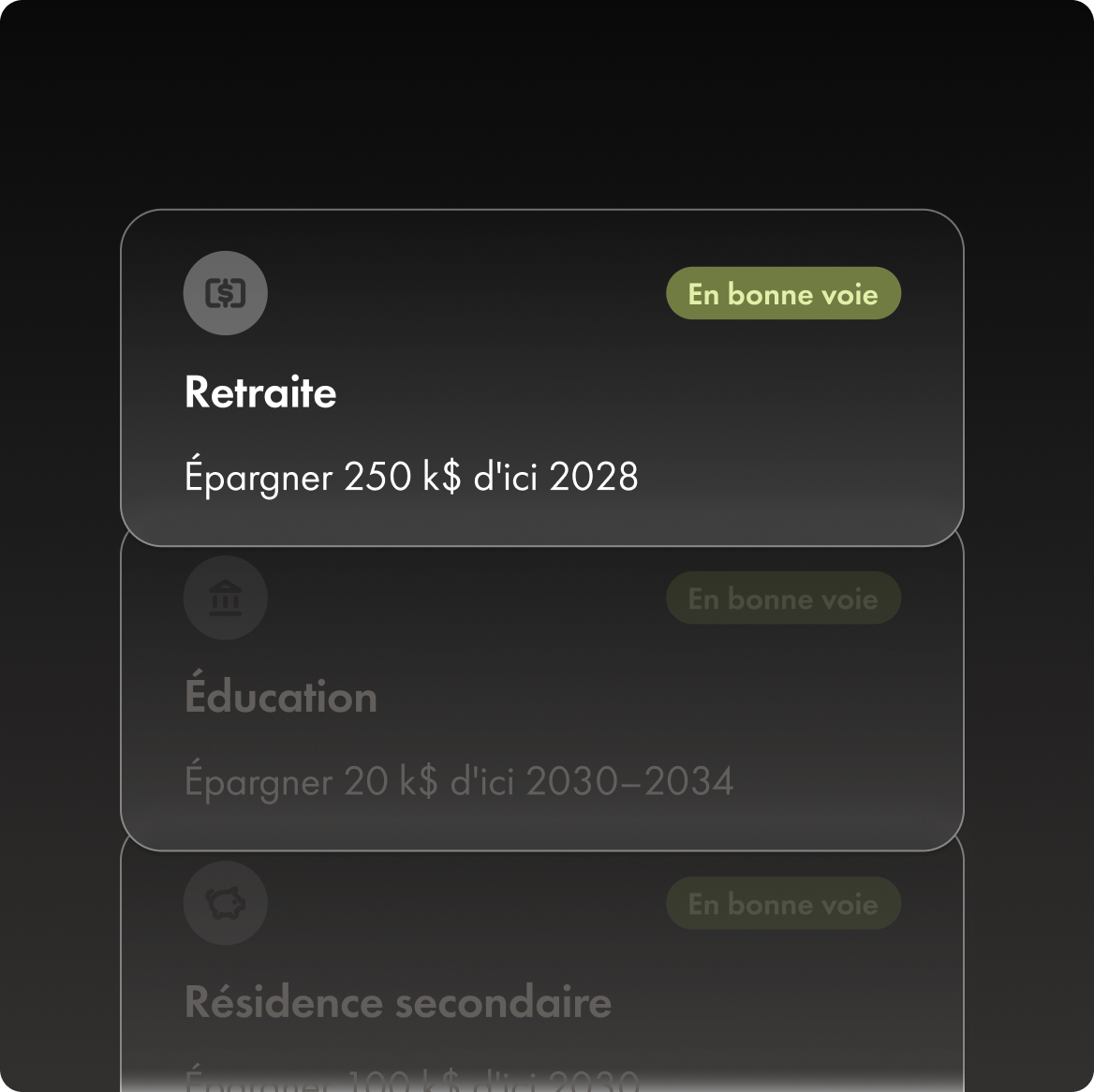 L'appli Wealthsimple montre trois objectifs en bonne voie d'être atteints : Retraite, Éducation et Résidence secondaire.