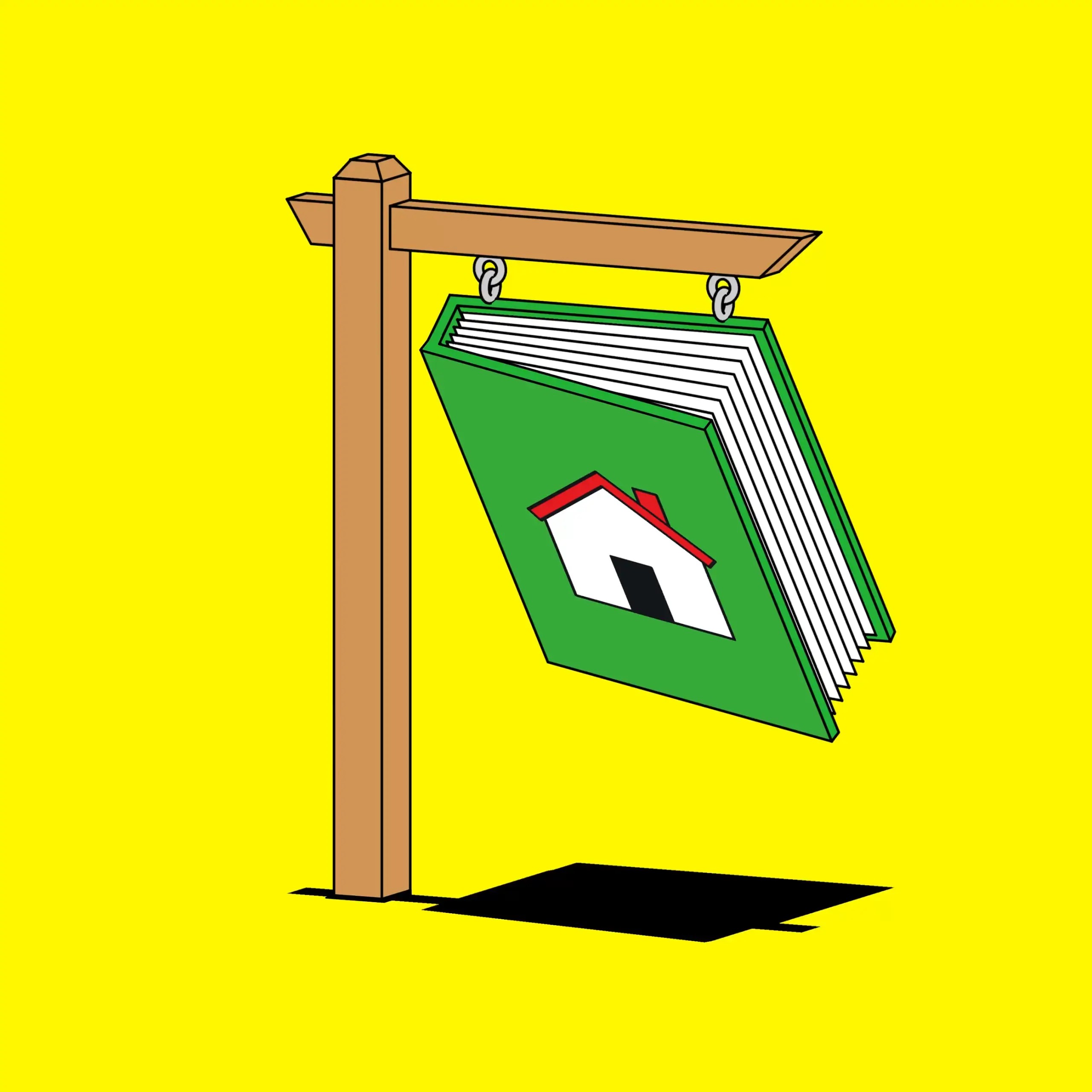 Un livre avec une illustration de maison sur la couverture, se balance d'avant en arrière sur un poteau de signalisation.