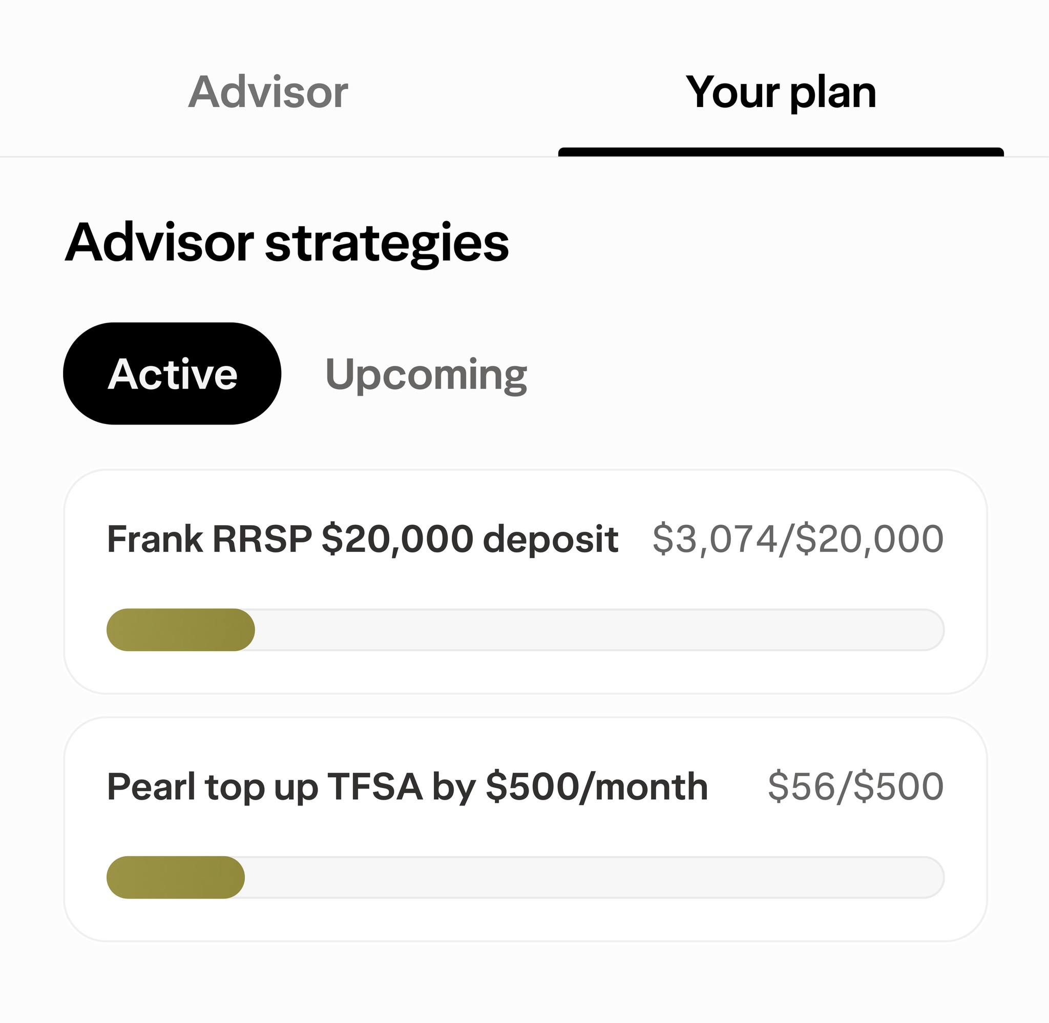 Financial plan screen showing active savings and investment strategies with progress bars and a note from an advisor.