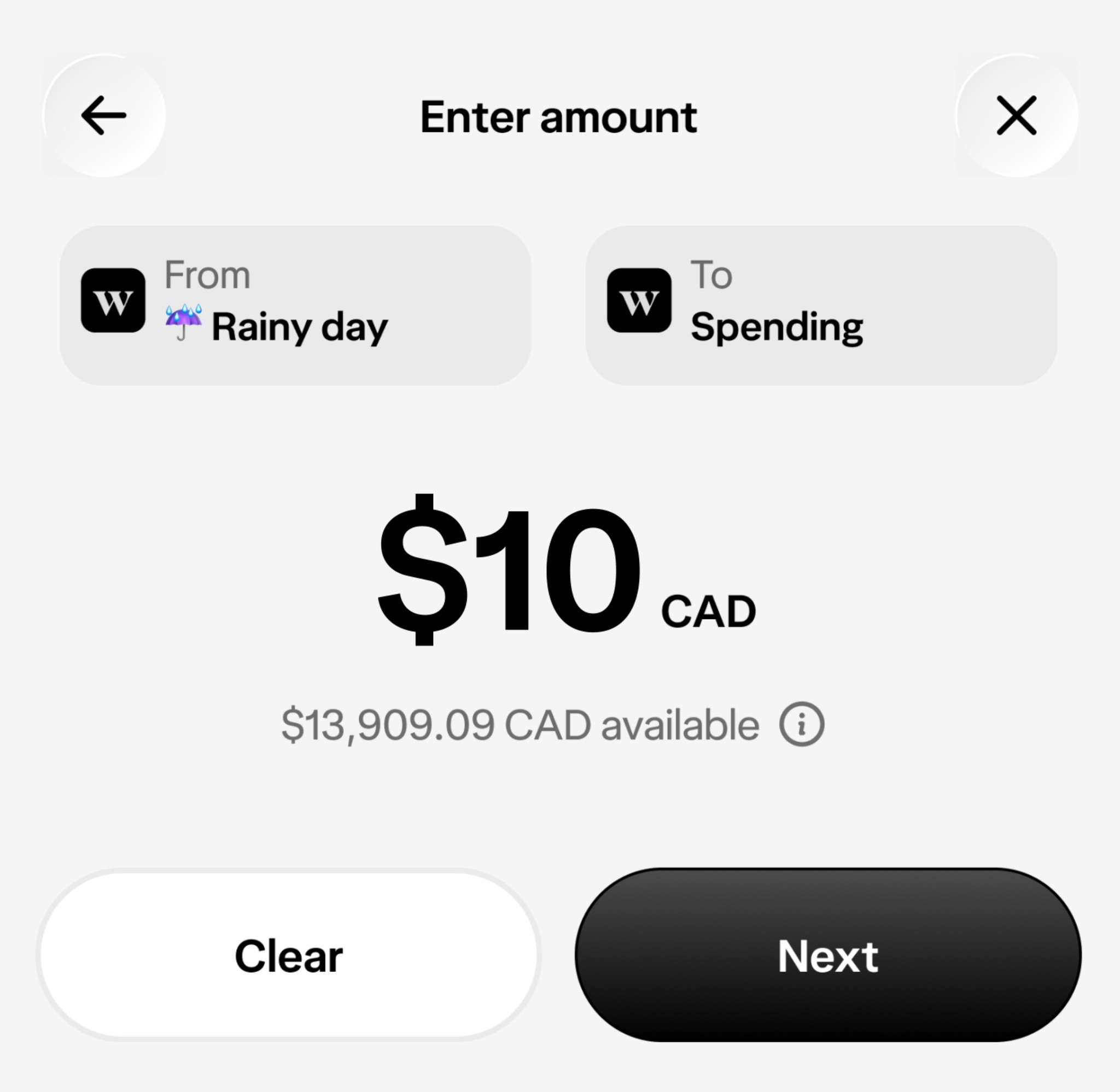 A view of a $10 transfer being moved from a savings account to a spending account