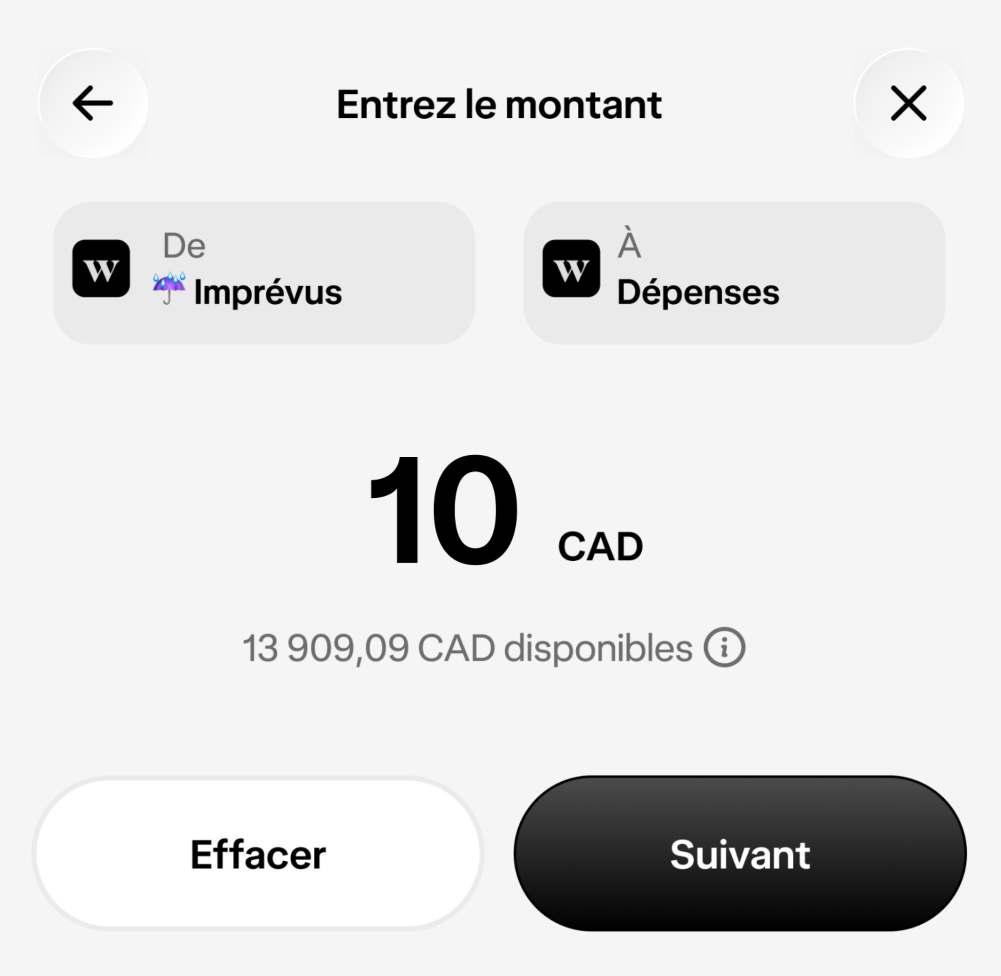 Aperçu d'un transfert de 10 $ d'un compte d'épargne vers un compte de dépenses.