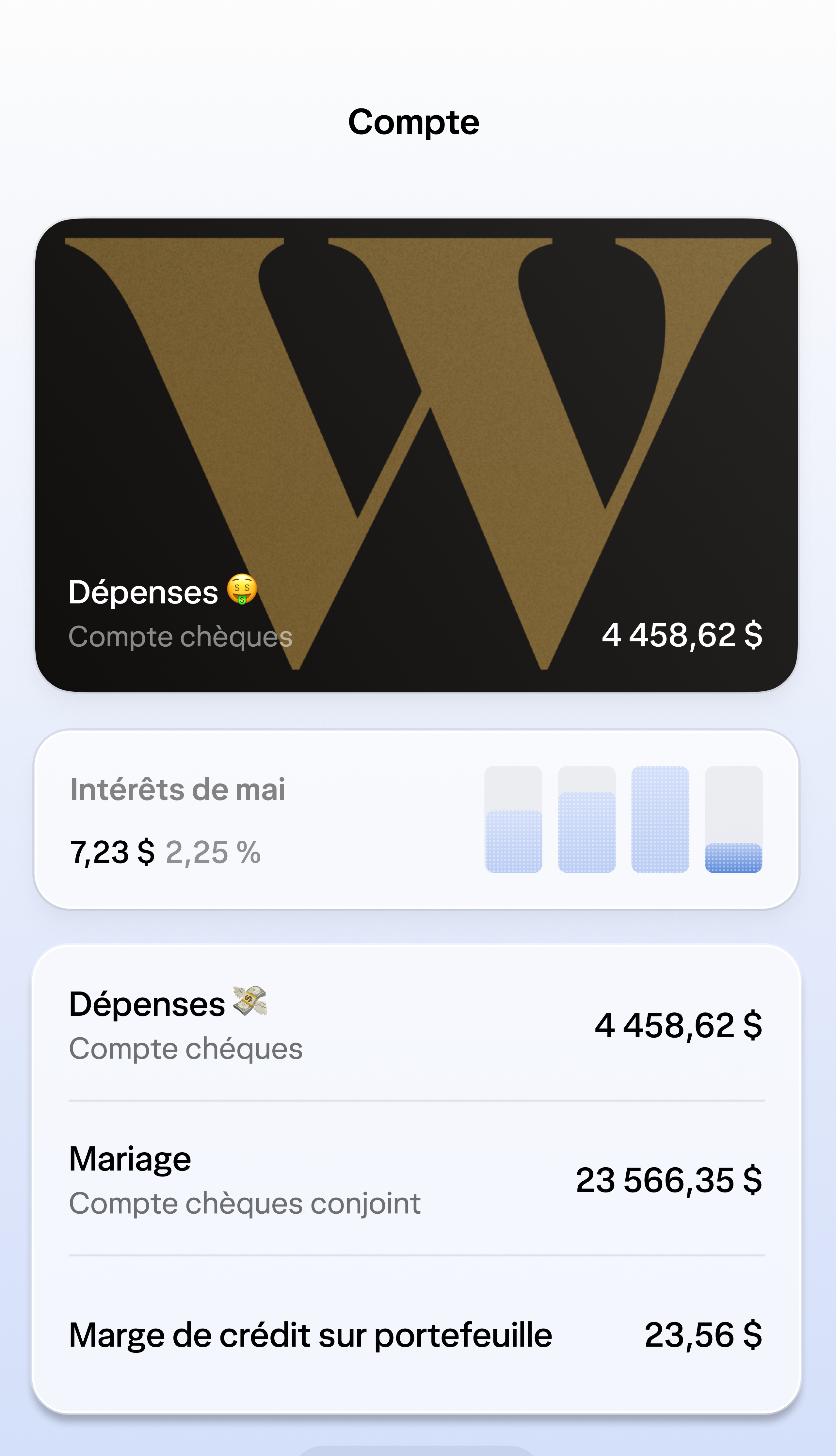 Un écran affichant une carte Wealthsimple, les intérêts et les comptes Dépenses, Mariage et Marge de crédit sur portefeuille.