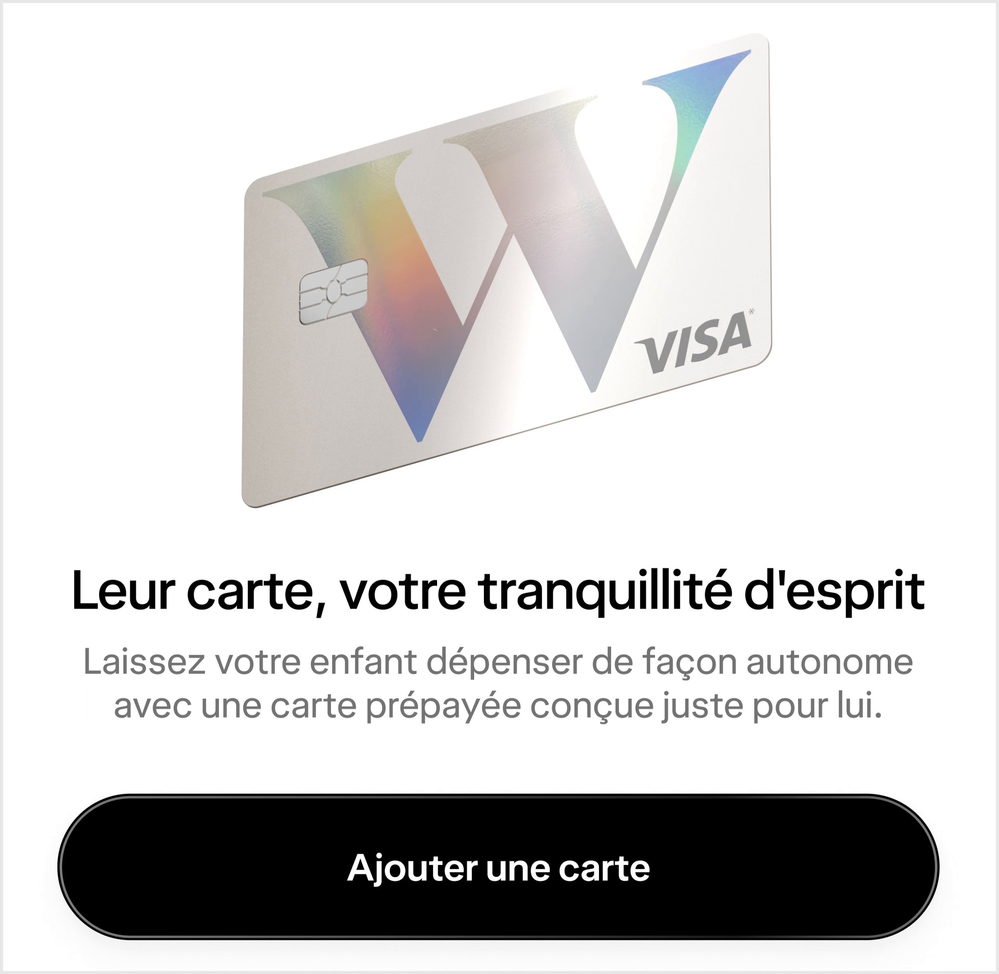 Un écran affichant la carte pour enfants et ados et du texte encourageant à en ajouter une à un compte chèques.