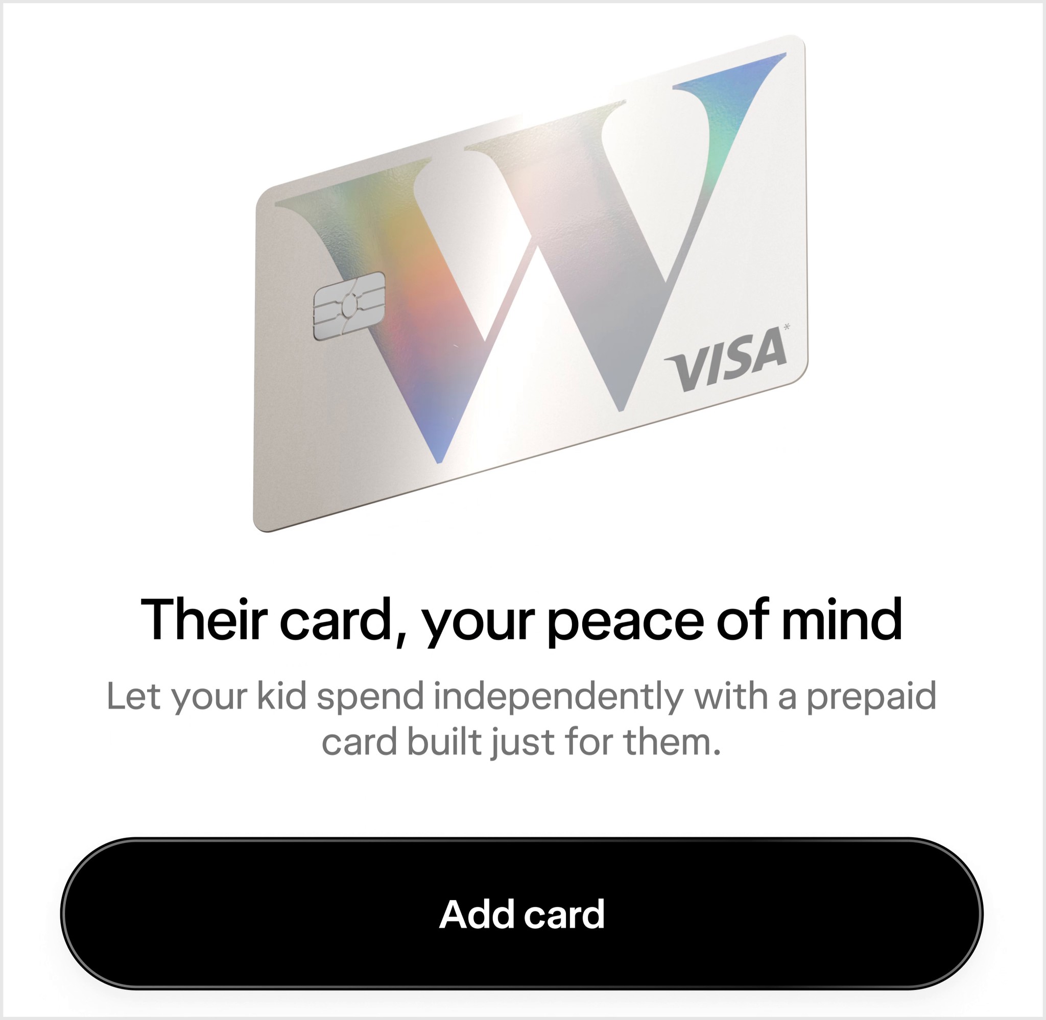 A screen showing a kids and teens card, with a prompt to add one to an existing chequing account.