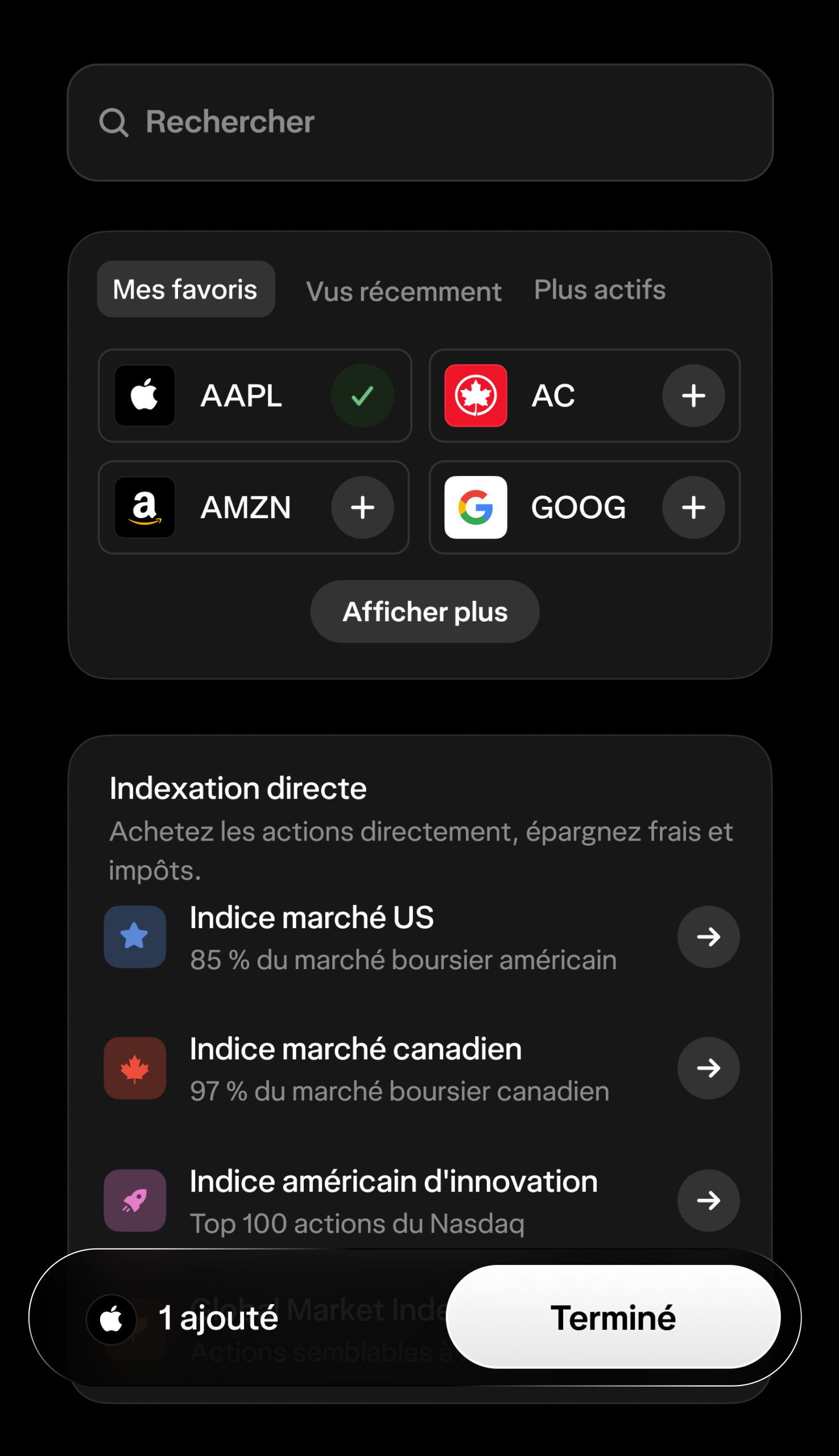 Un écran de l'appli affichant la liste de favoris de l'utilisateur et une liste d'options pour l'indexation directe.
