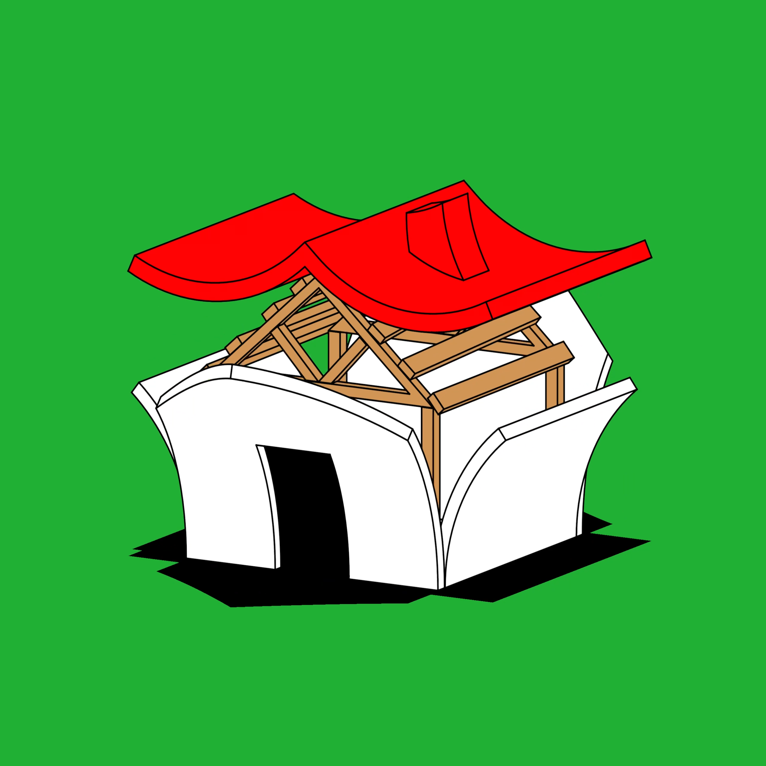 Une maison est désassemblée pour révéler les poutres intérieures.