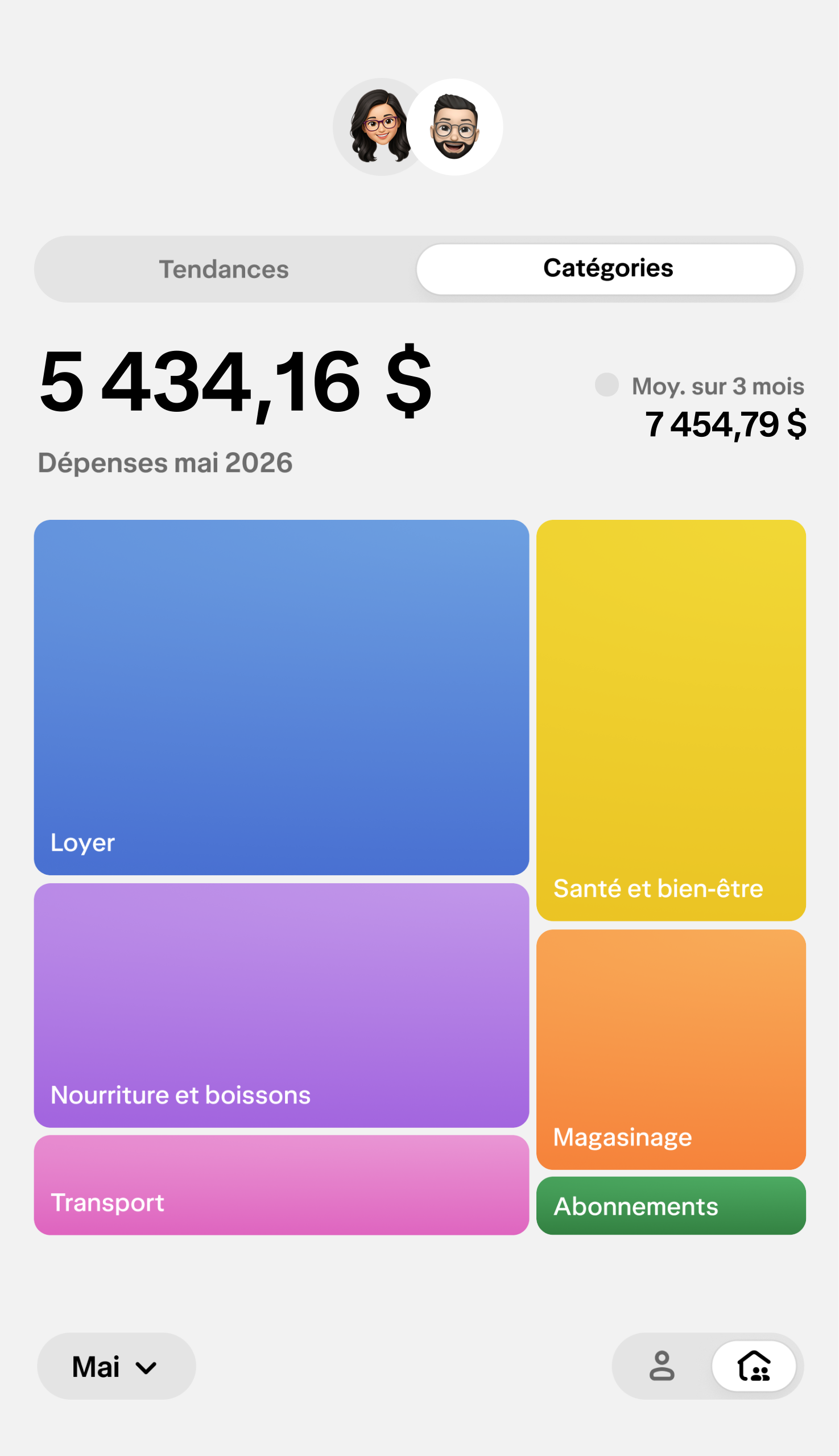 Un écran de l'appli affiche l'aperçu des dépenses et un mois de dépenses d'un ménage, comparé à sa moyenne sur trois mois.