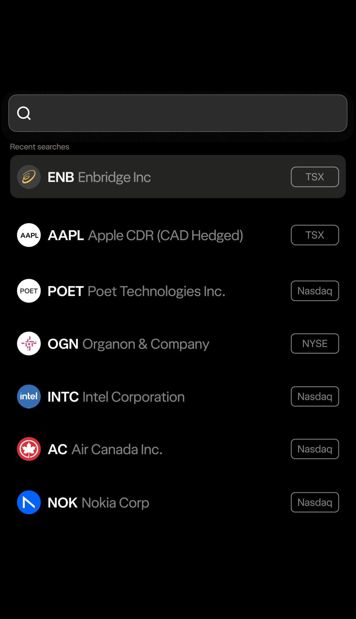 A sample list of the kind of futures markets you can trade, in the interface of the Wealthsimple app. These markets include Enbridge, Air Canada and Nokia.