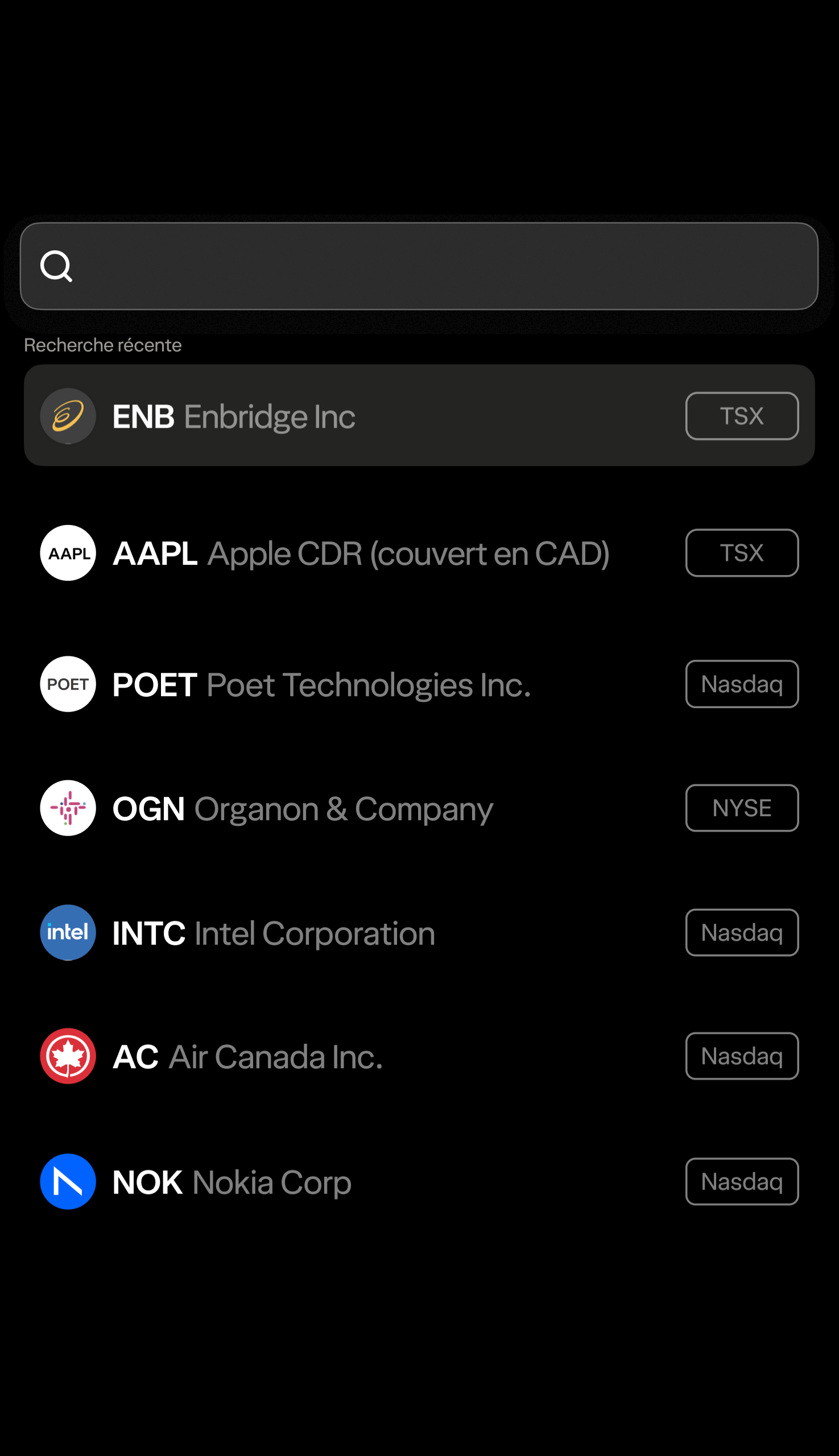 Une liste du type de marchés de contrats à terme que vous pouvez négocier dans l'interface de l'application Wealthsimple, dont Enbridge, Air Canada et Nokia.
