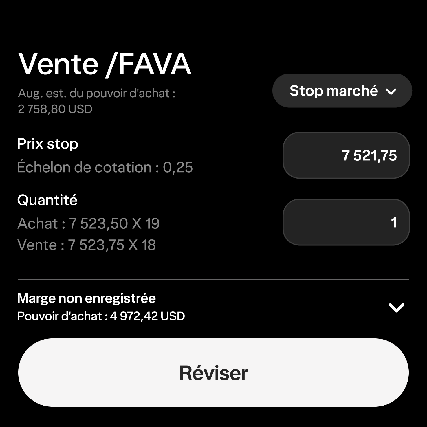 Un écran de détails de contrat dans l'application Wealthsimple indique clairement l'écart entre prix d'achat et de vente, le nombre de contrats et le pouvoir d'achat.