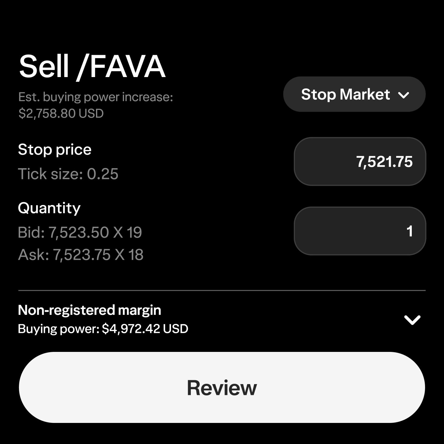 A contract detail page in the Wealthsimple app that clearly lays out the bid and ask spread, number of contracts, and buying power number.