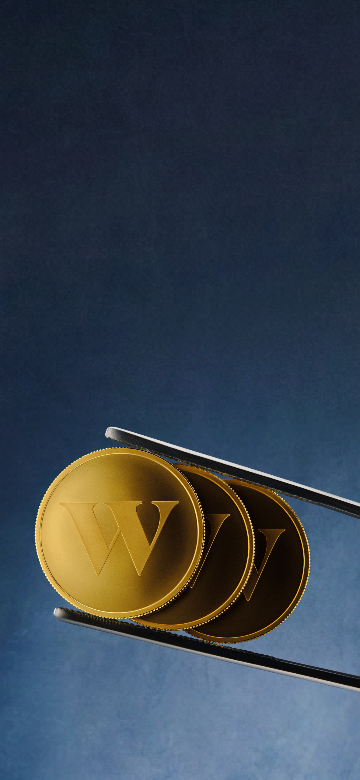 Three gold coins being held with calipers.