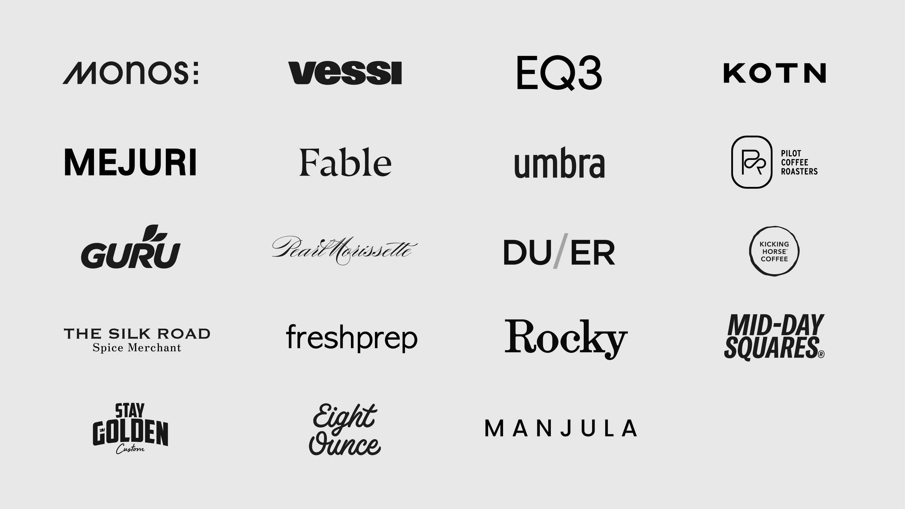 A big list of Canadian brands including:
Monos
Vessi
EQ3
Mejuri
Fable
Umbra
PILOT COFFEE
GURU
Pearl Morissette
DUER
Kicking Horse Coffee
The Silk Road Spice Merchant
Fresh Prep
Rocky Mountain Soap Inc.
Mid-Day Squares
Stay Golden Custom
Eight Ounce Coffee
MANJULA Essentials Inc.