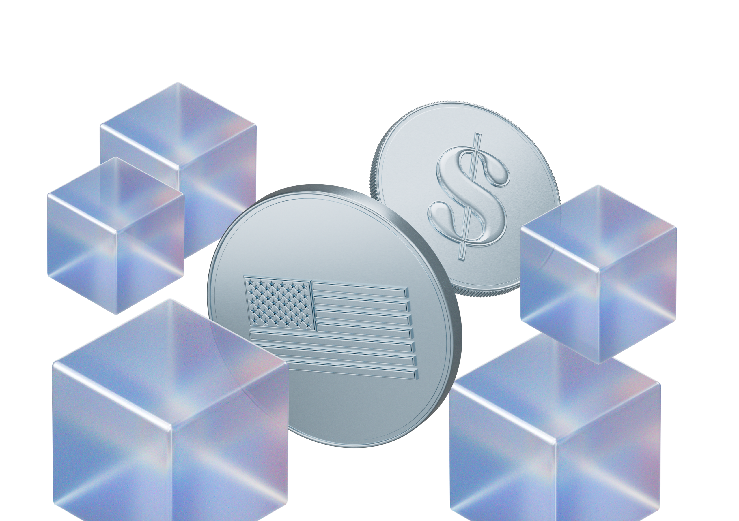 Two silver coins, one with a dollar sign, the other with the US flag, both surrounded by transparent cubes
