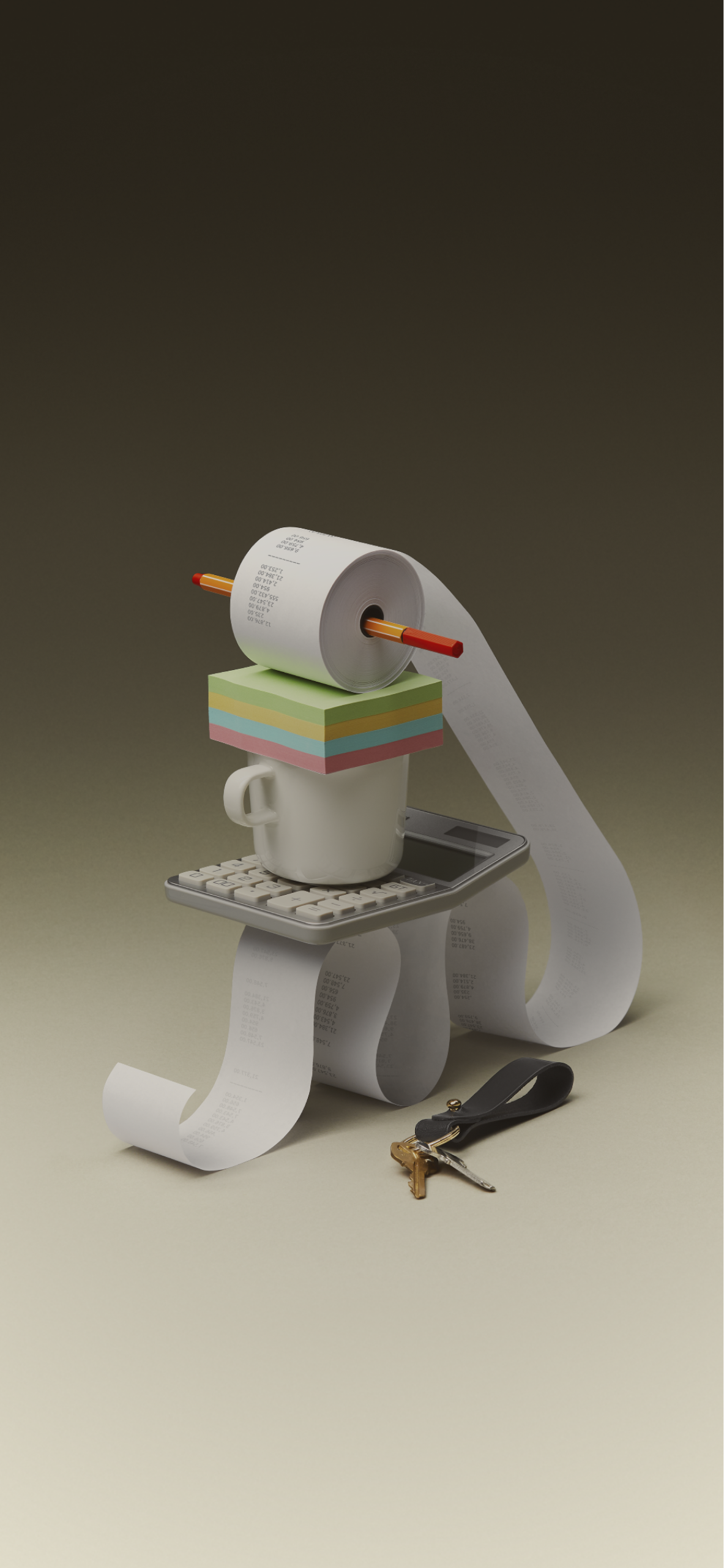 Un amas stylisé d'objets de bureau, dont un crayon dans le trou d'un rouleau de papier, une tasse, une calculatrice et un porte-clé.